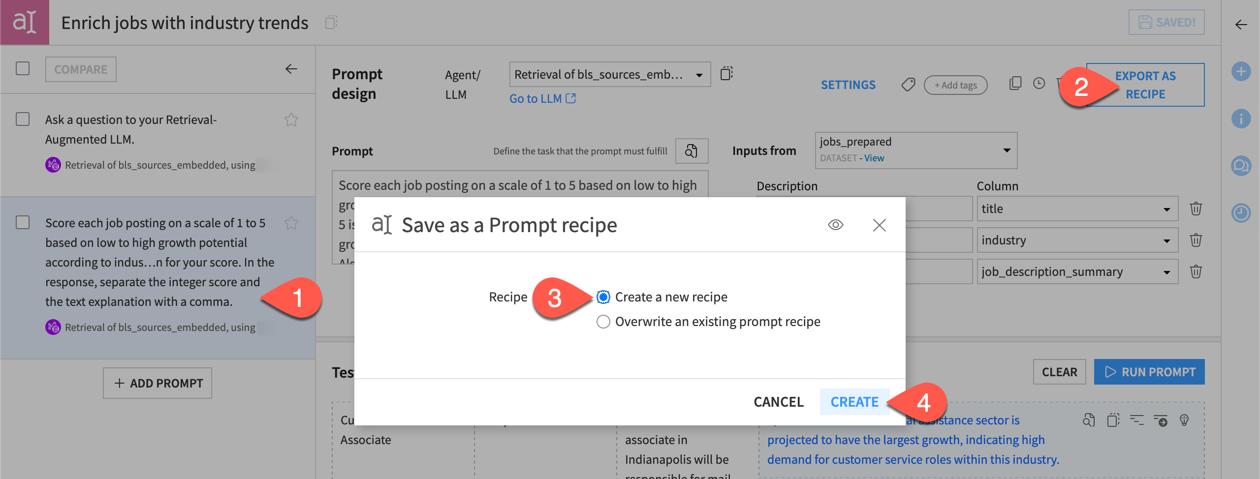 Dataiku screenshot of a Prompt Studio with a RAG LLM.