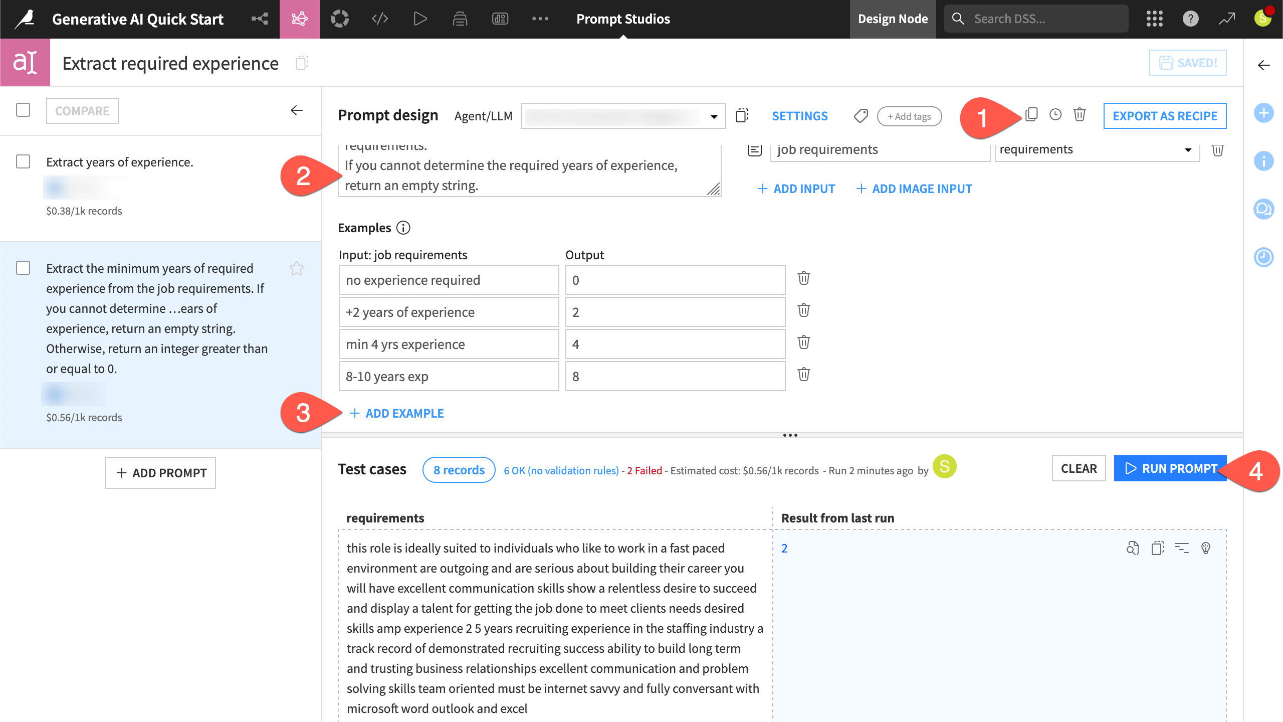 Dataiku screenshot of a Prompt Studio with examples.