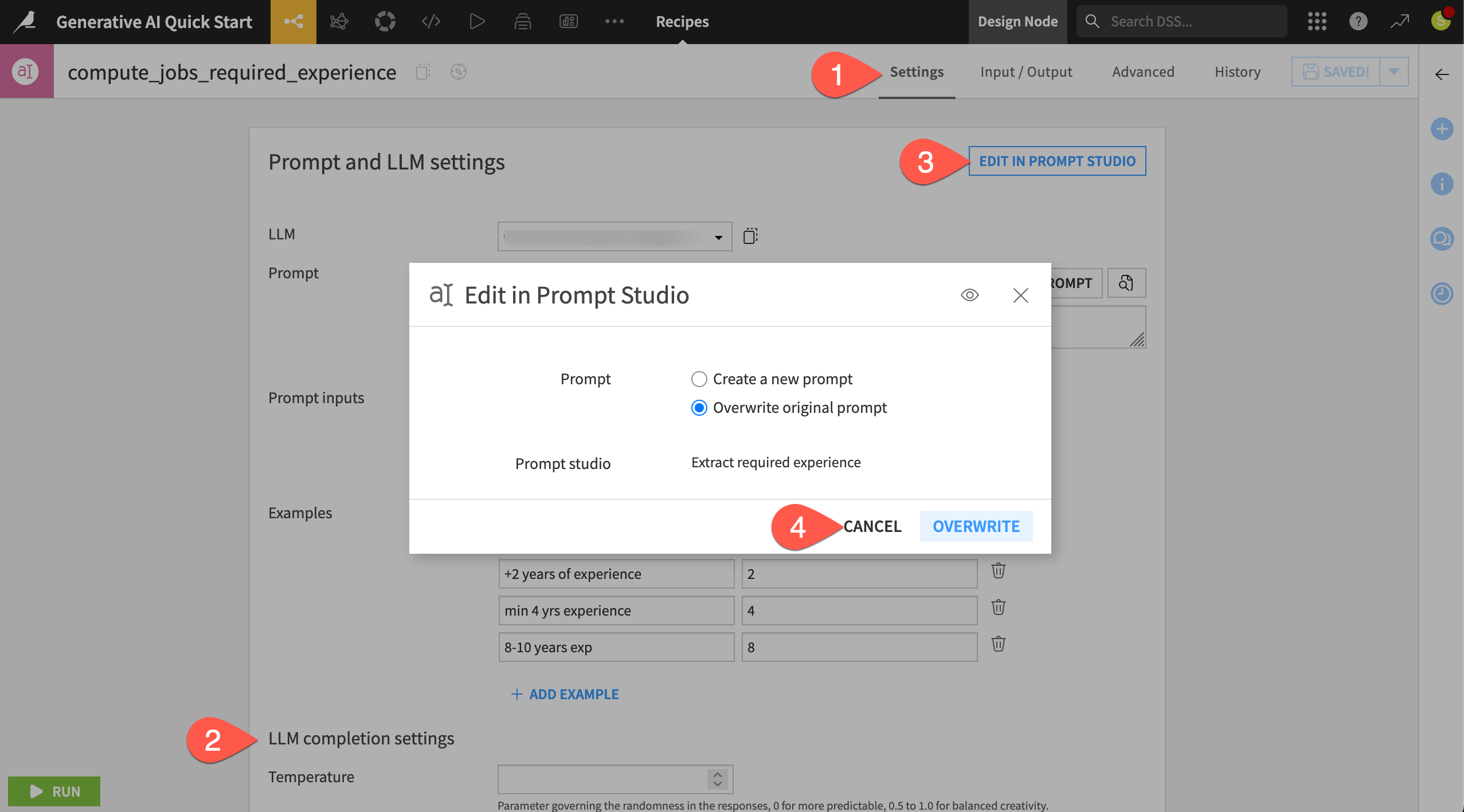 Dataiku screenshot of the Settings tab of a Prompt recipe.