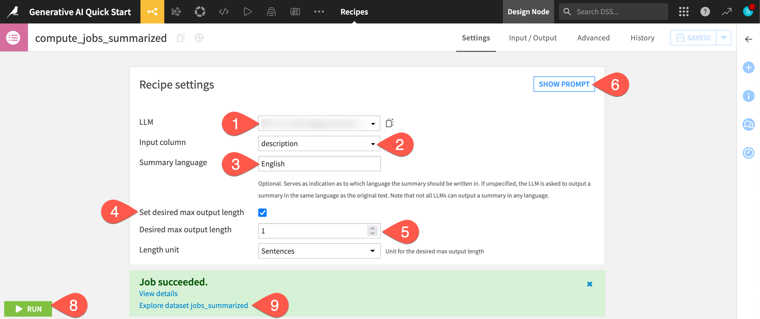 Dataiku screenshot of a Summarize text recipe.