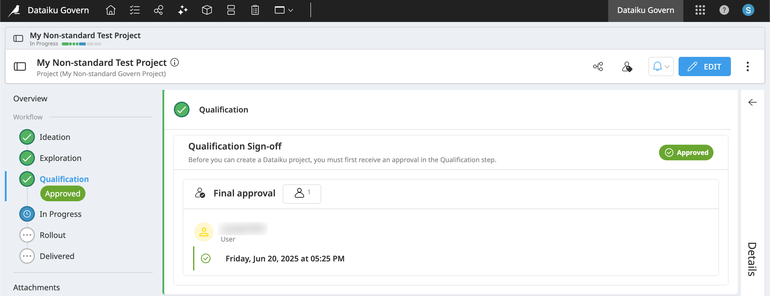 Dataiku screenshot of an approved qualification step.