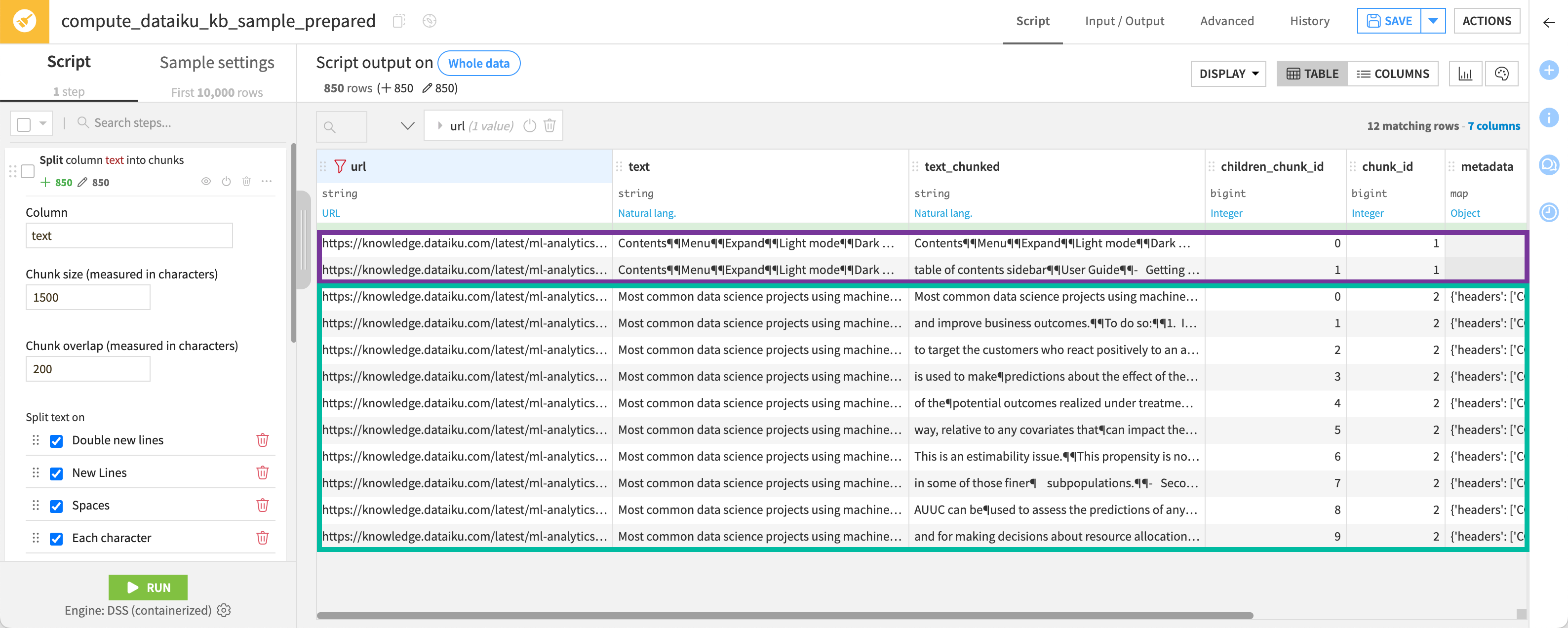 Dataiku screenshot of the output dataset generated by the text extraction plugin.