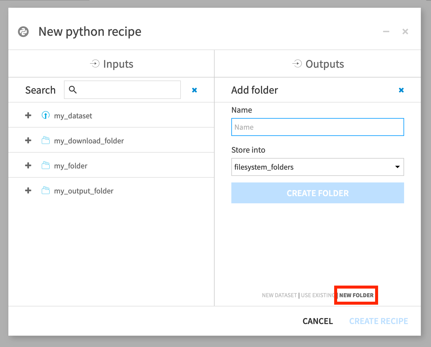 Dataiku screenshot of a Python recipe creation dialog showing folder input and outputs.