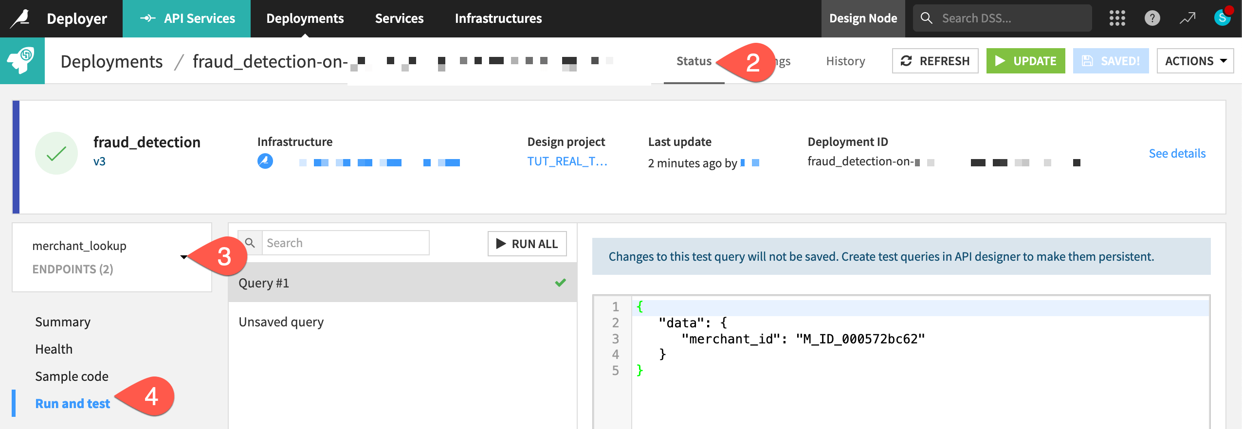 Dataiku screenshot of an API service including a dataset lookup endpoint.