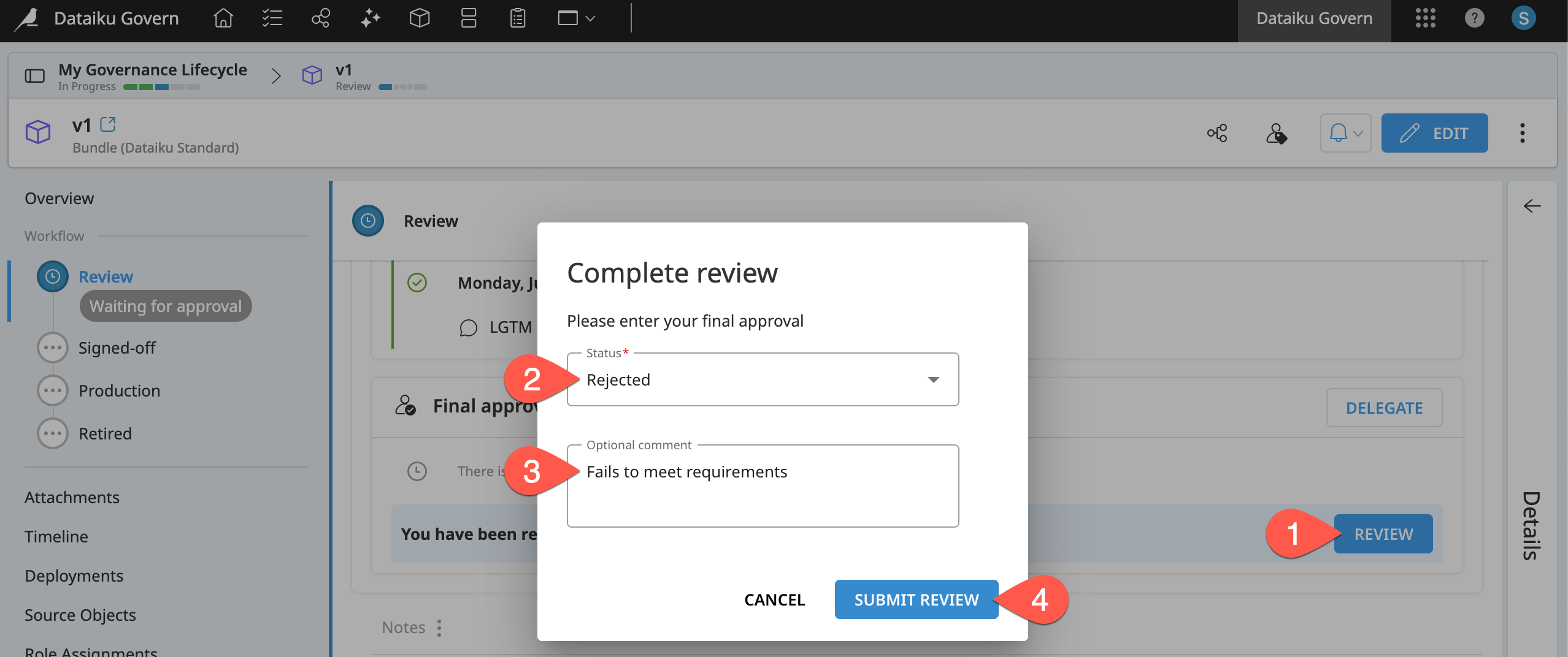 Dataiku screenshot of a rejected final review of a bundle.
