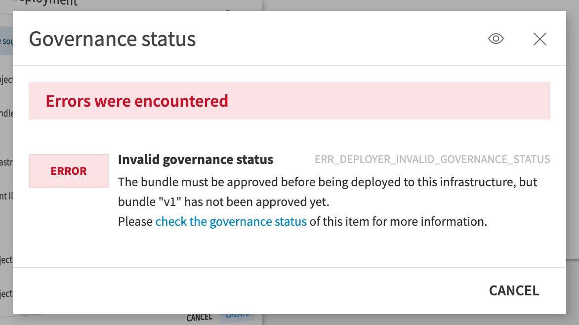 Dataiku screenshot of the dialog for an invalid governance status.