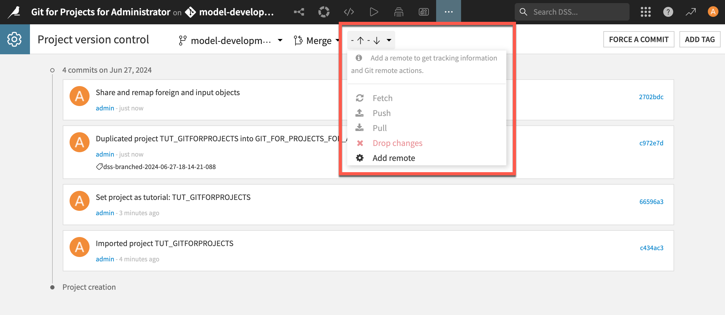 Dataiku screenshot of the remote Git actions available in a project.