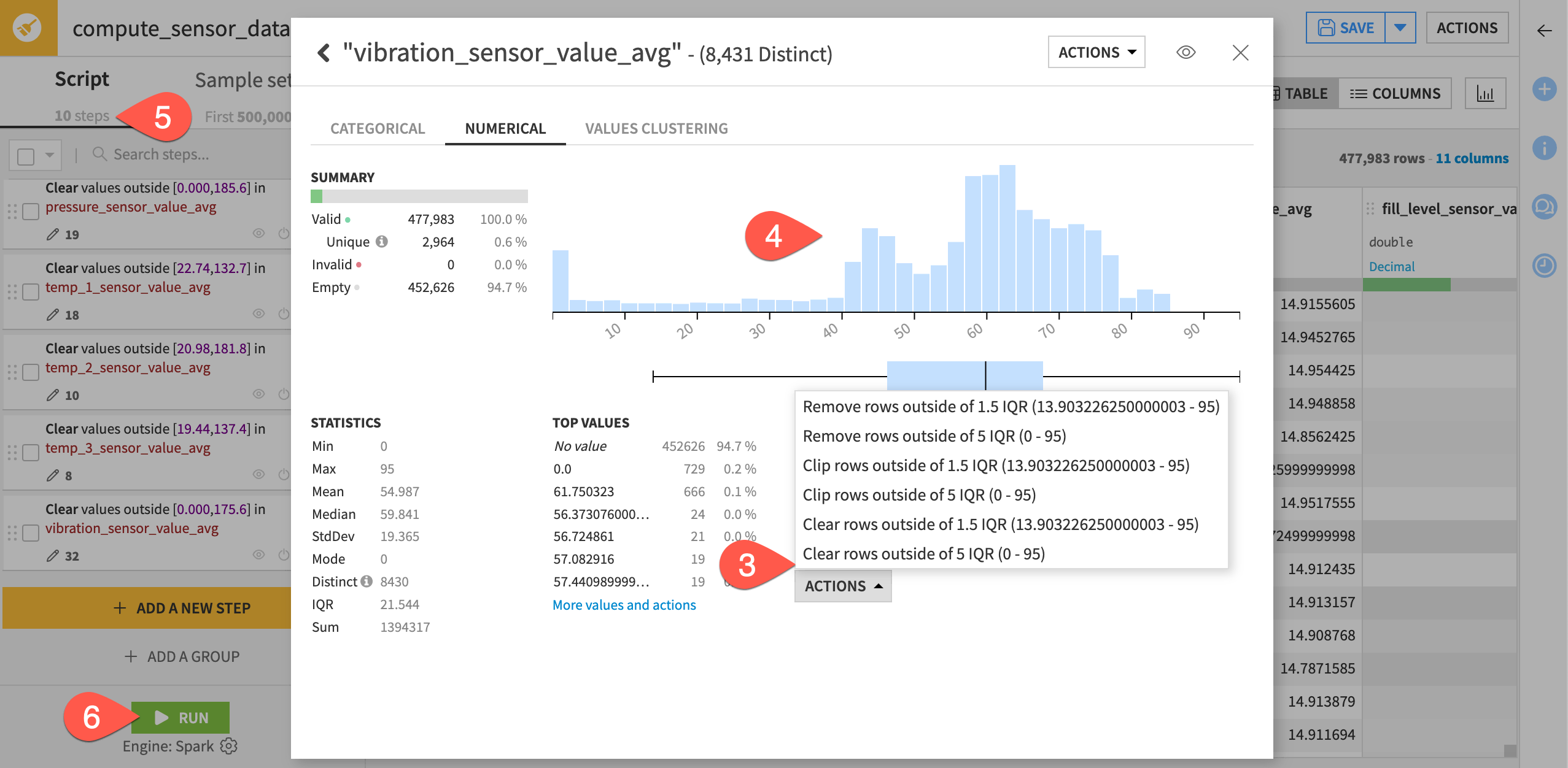 Dataiku screenshot of removing outliers.