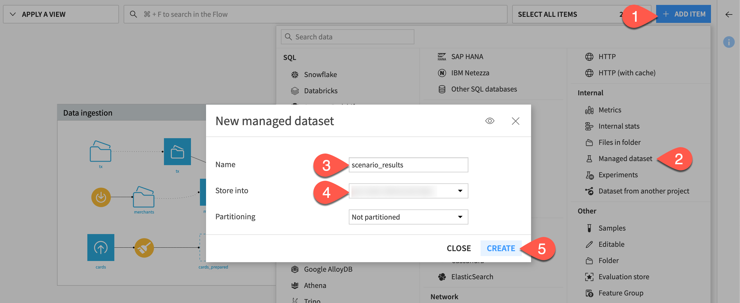 Dataiku screenshot of the dialog to create a managed dataset.
