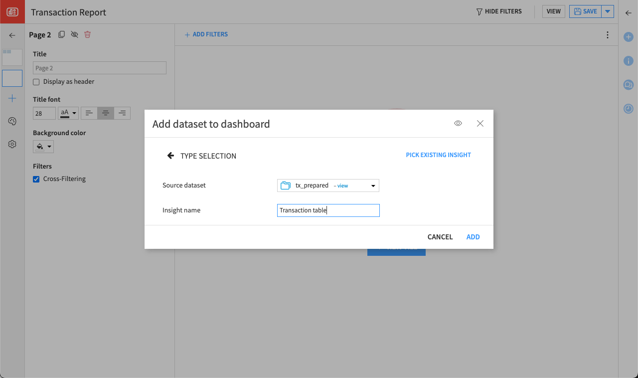 Dataiku screenshot of the dialog for adding a new dataset tile to a dashboard.