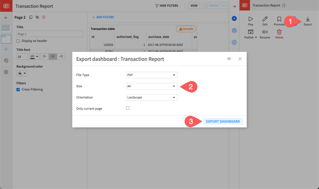 Dataiku screenshot of the dialog for exporting a dashboard.