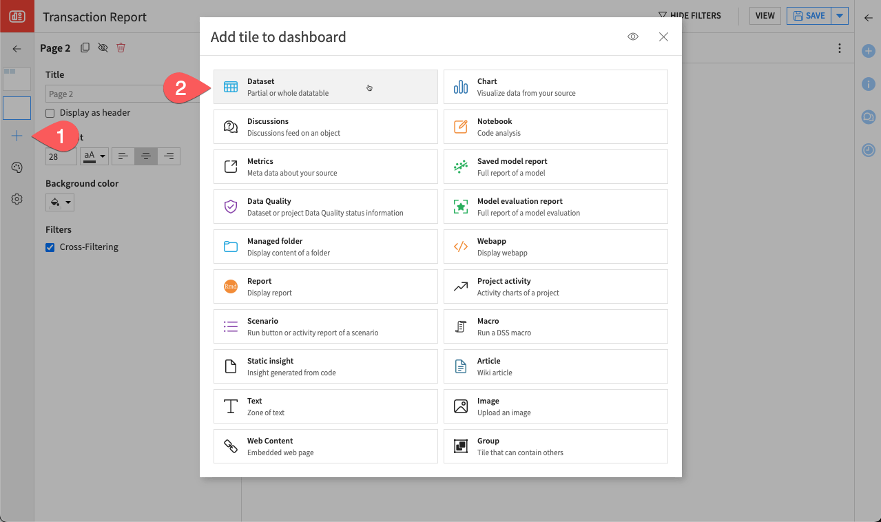 Dataiku screenshot of the dialog for adding a new tile to a dashboard.