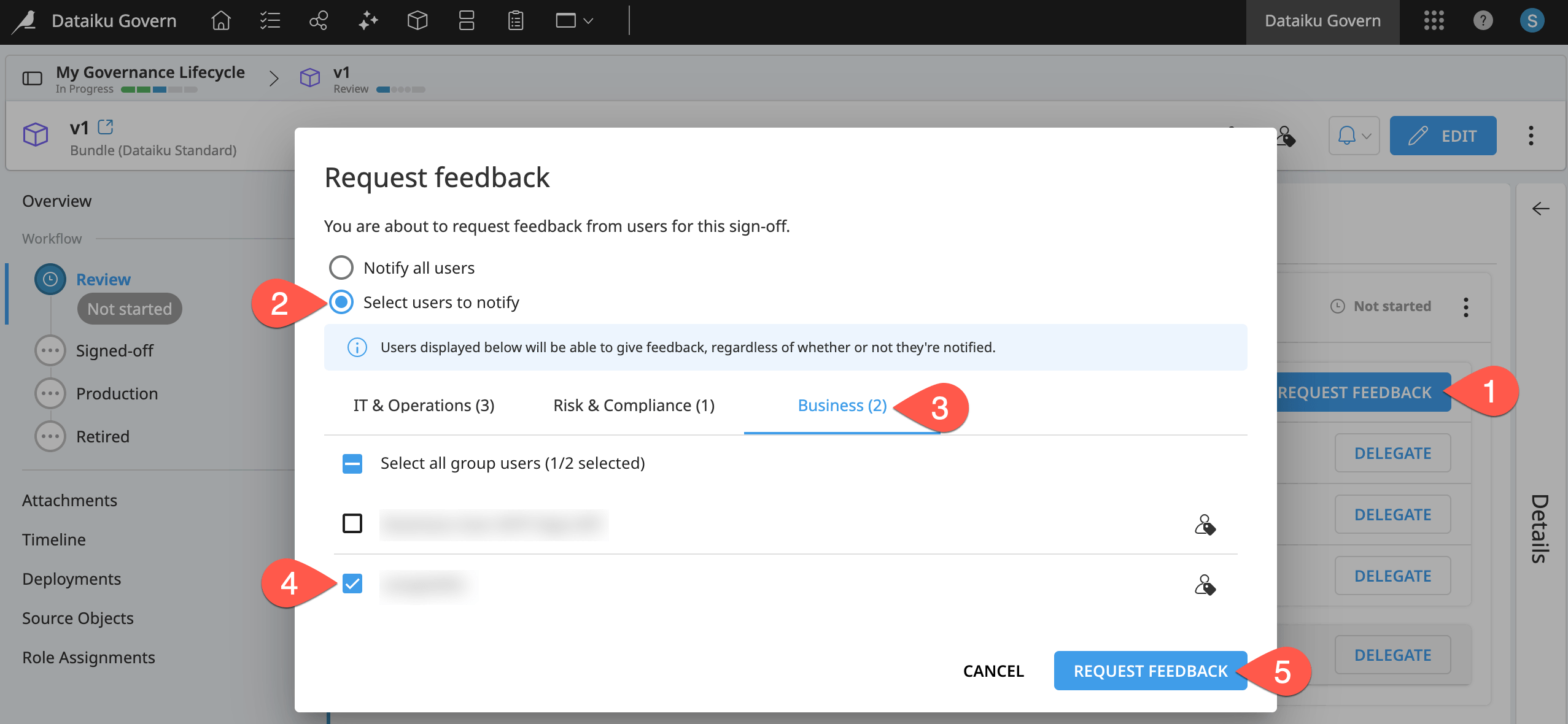 Dataiku screenshot of the dialog to request feedback on a bundle.