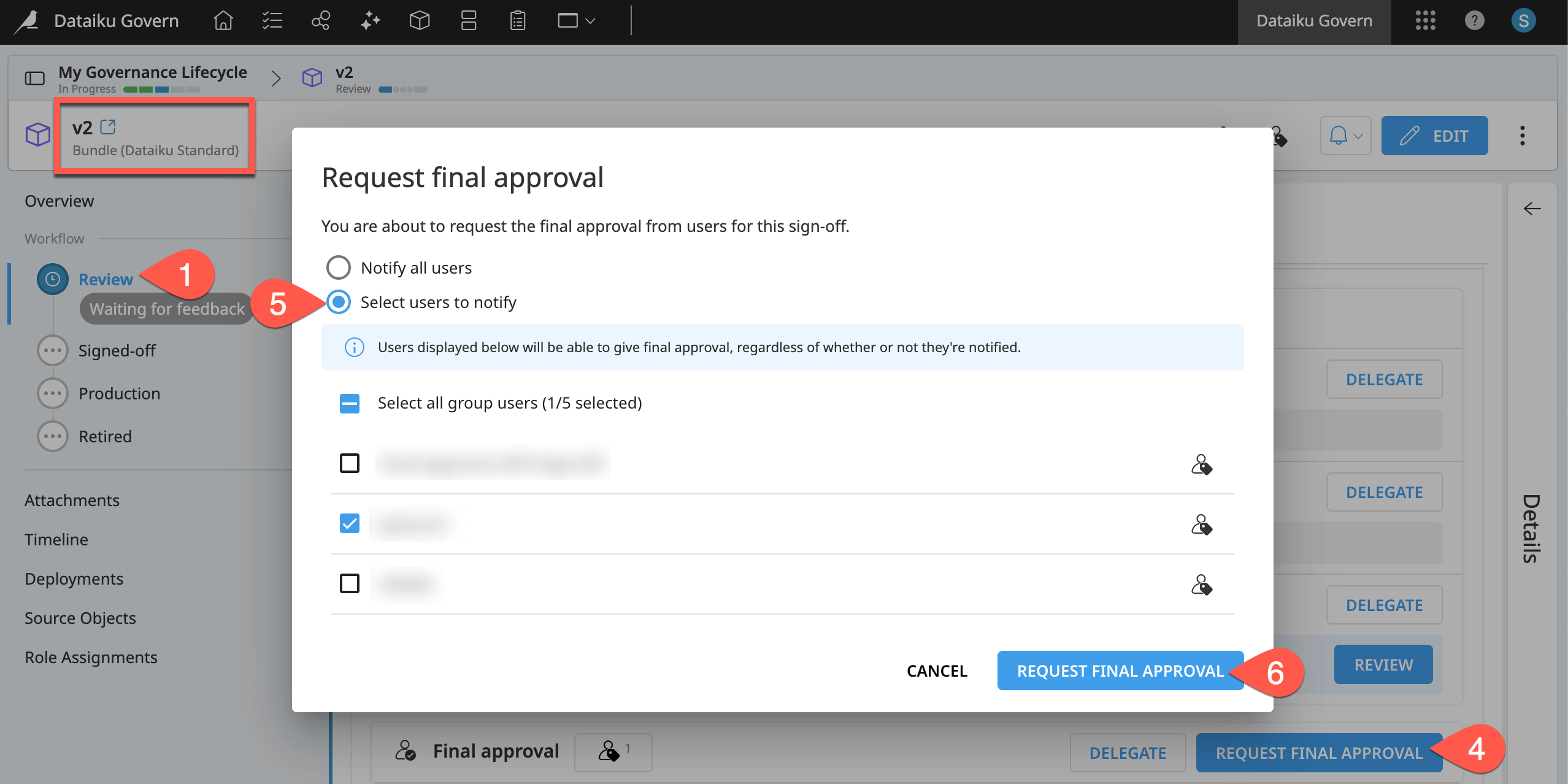 Dataiku screenshot of the dialog to request final approval.