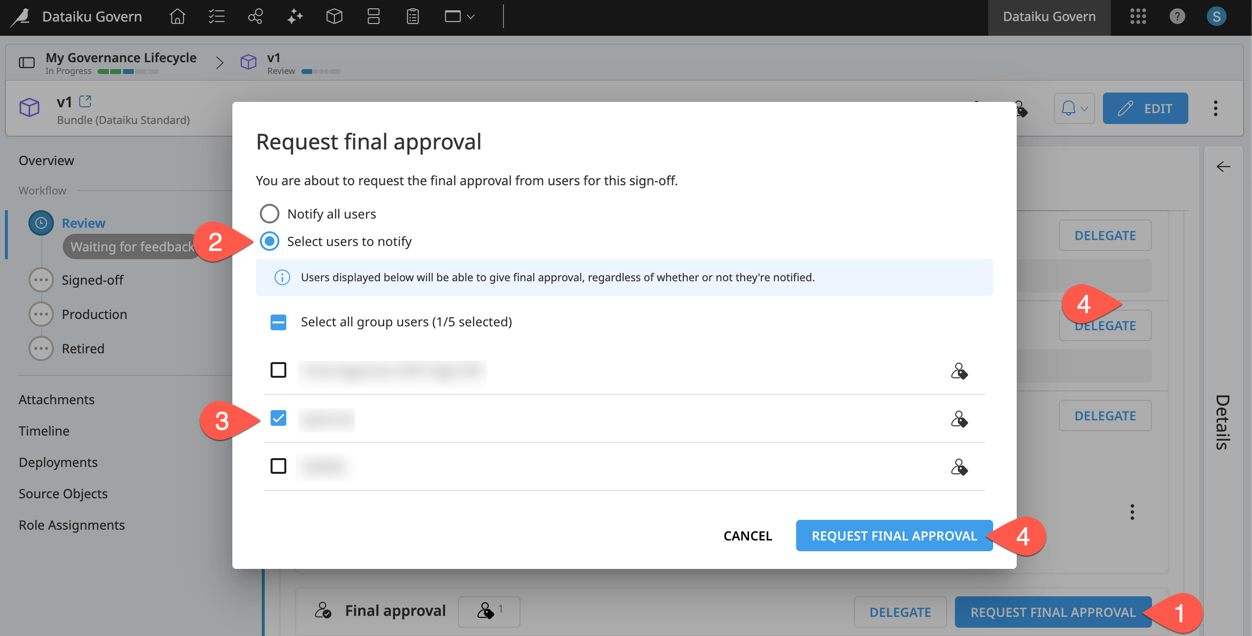 Dataiku screenshot of the dialog to request final approval.