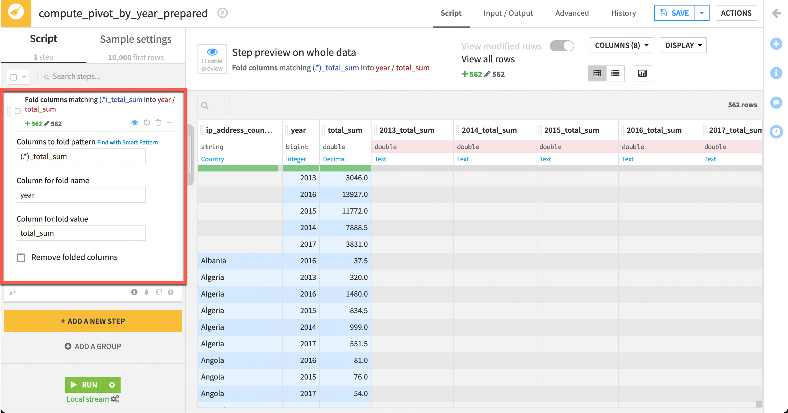 Dataiku screenshot of a dataset in wide format.