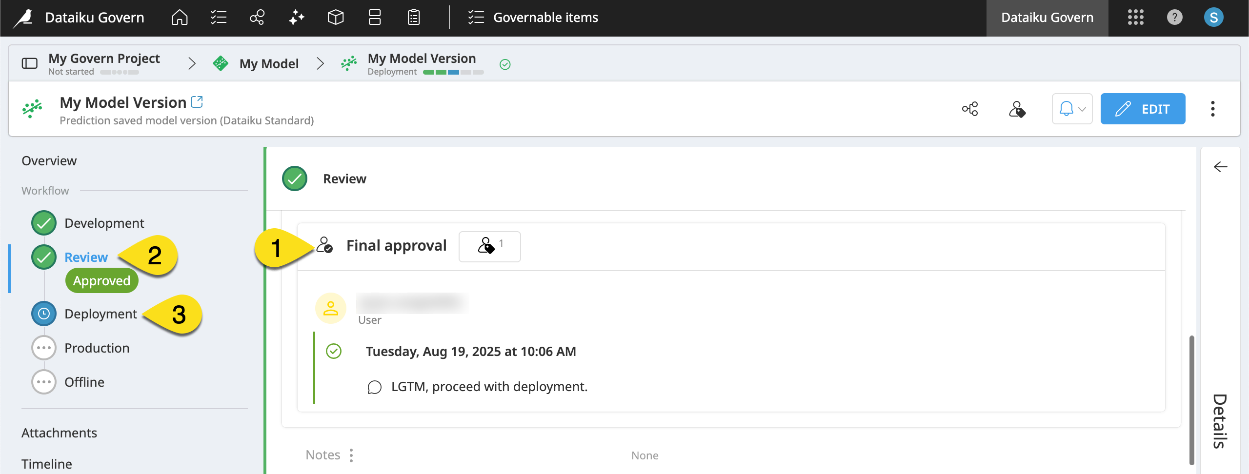 Dataiku screenshot of an approved Govern model version.