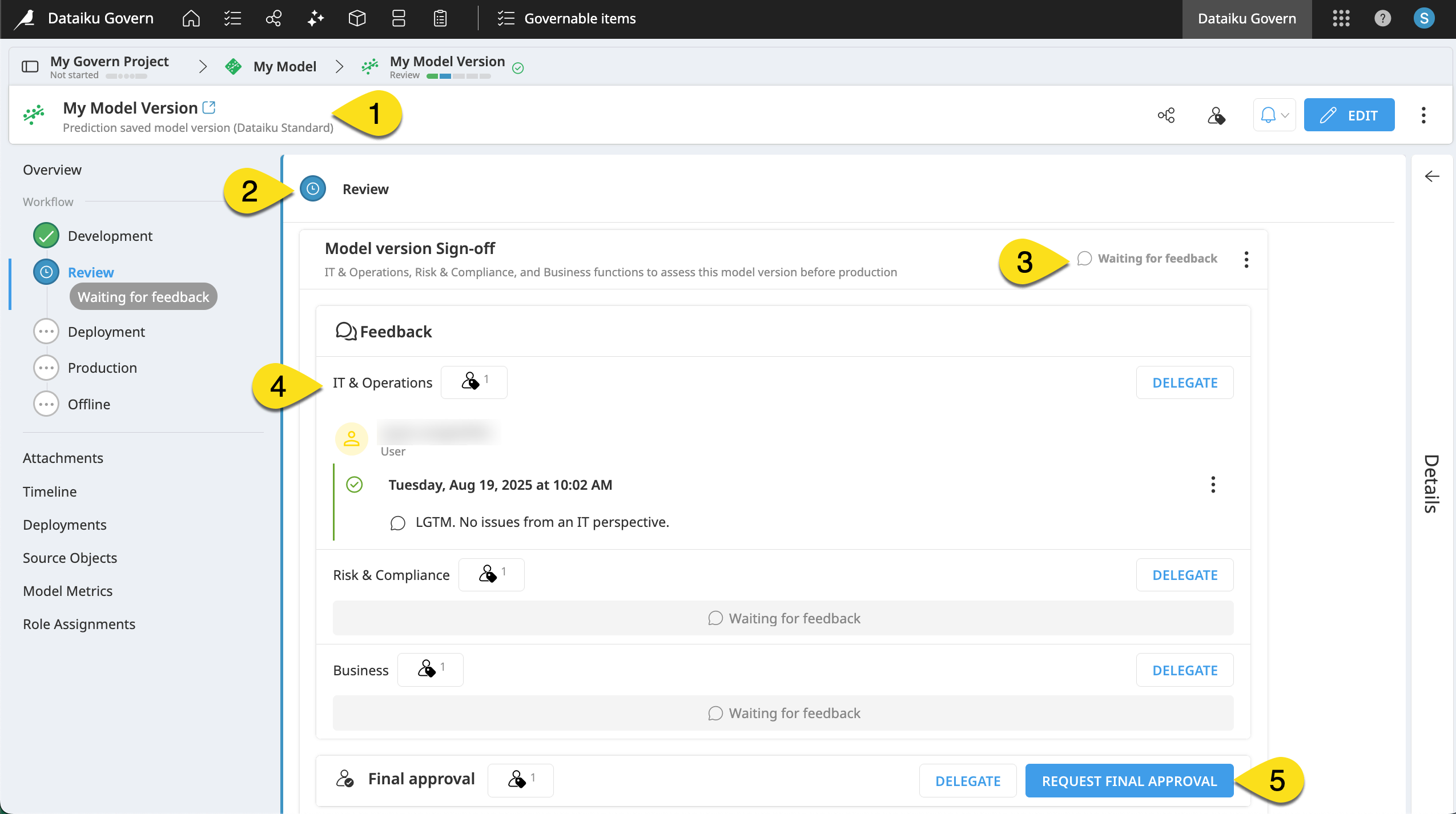 Dataiku screenshot of the Review step of a Govern model version waiting for feedback.