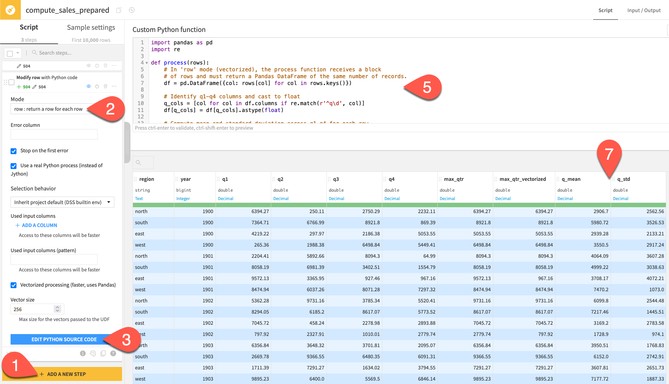 Dataiku screenshot of row mode output from a Python function processor.