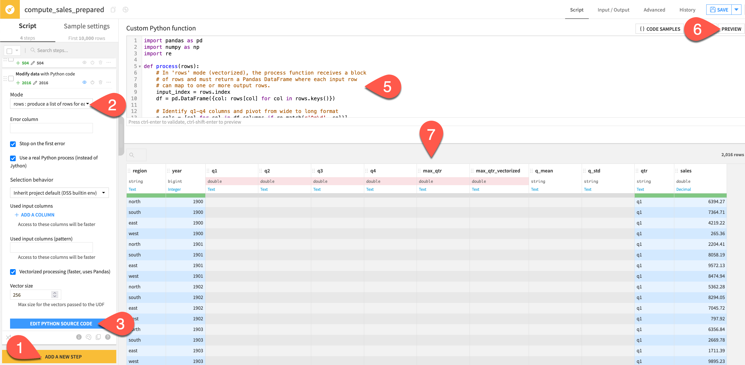 Dataiku screenshot of rows mode.
