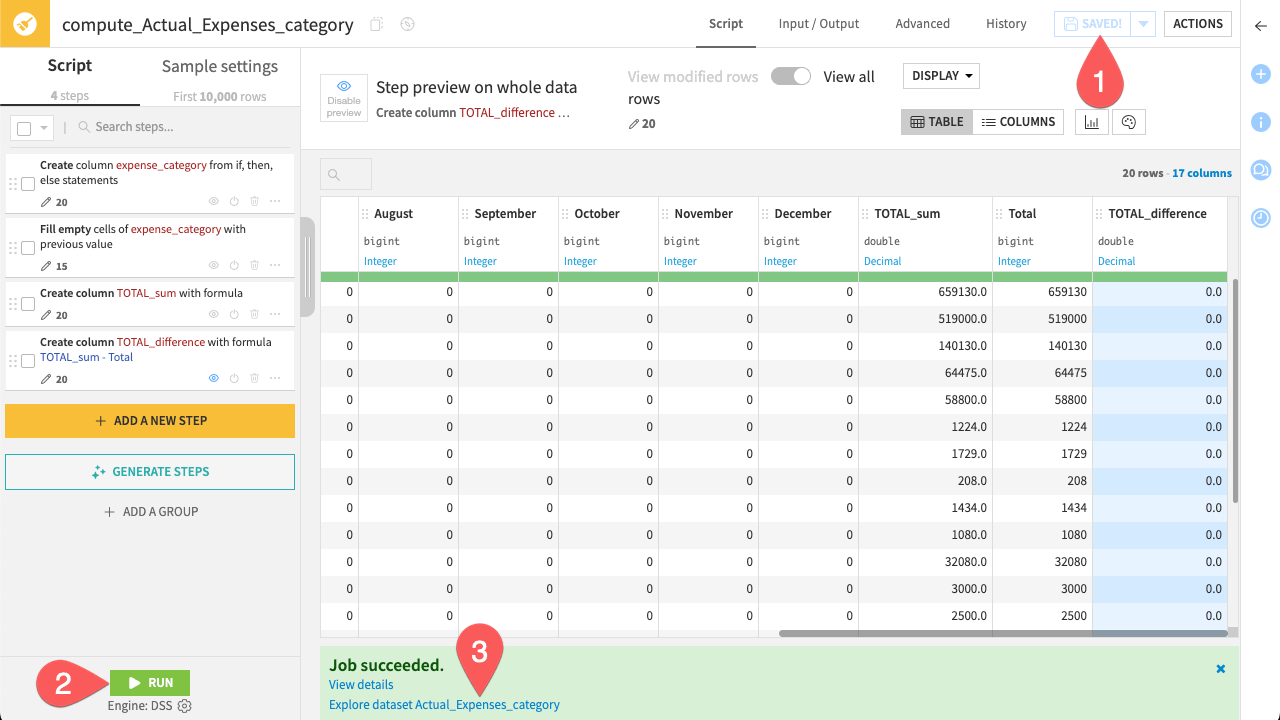 Dataiku screenshot showing how to run a Prepare recipe.