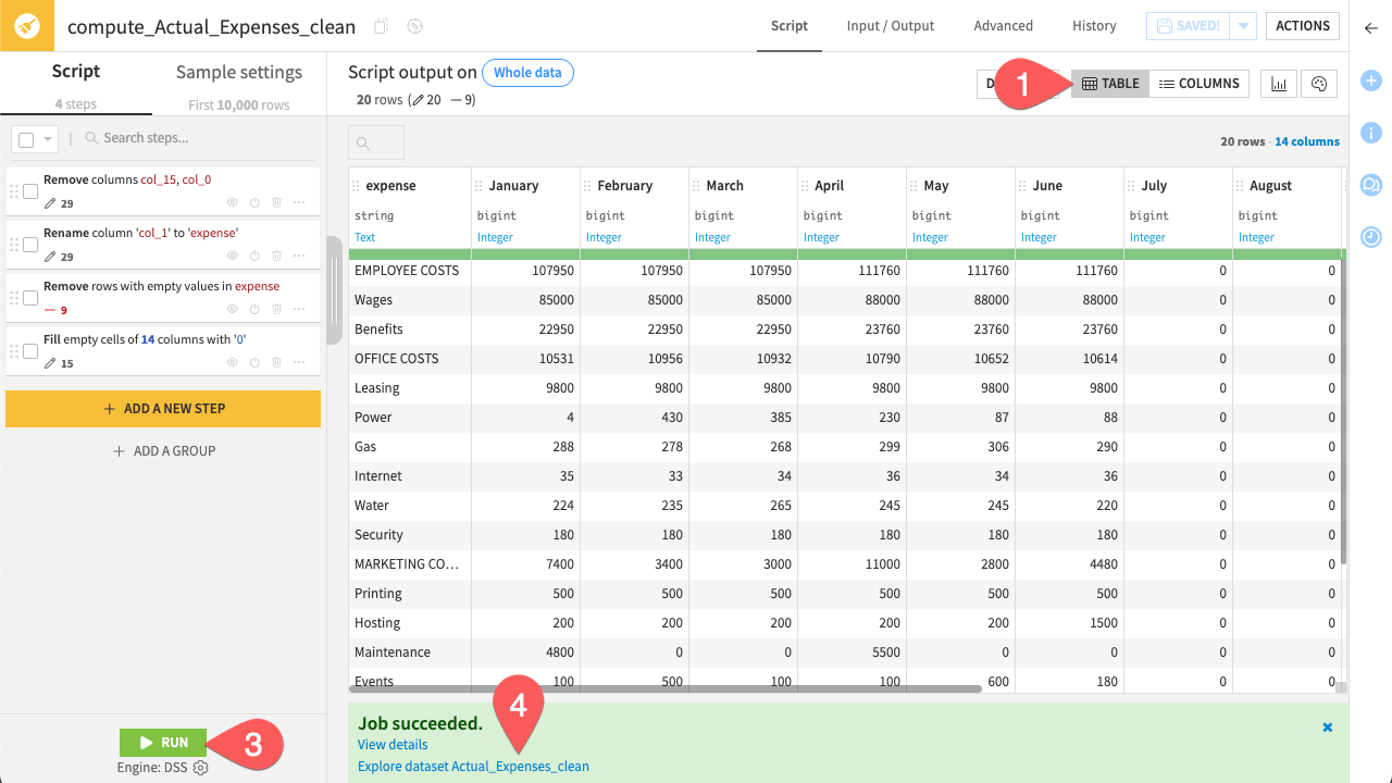 Dataiku screenshot showing how to fill empty cells with 0.