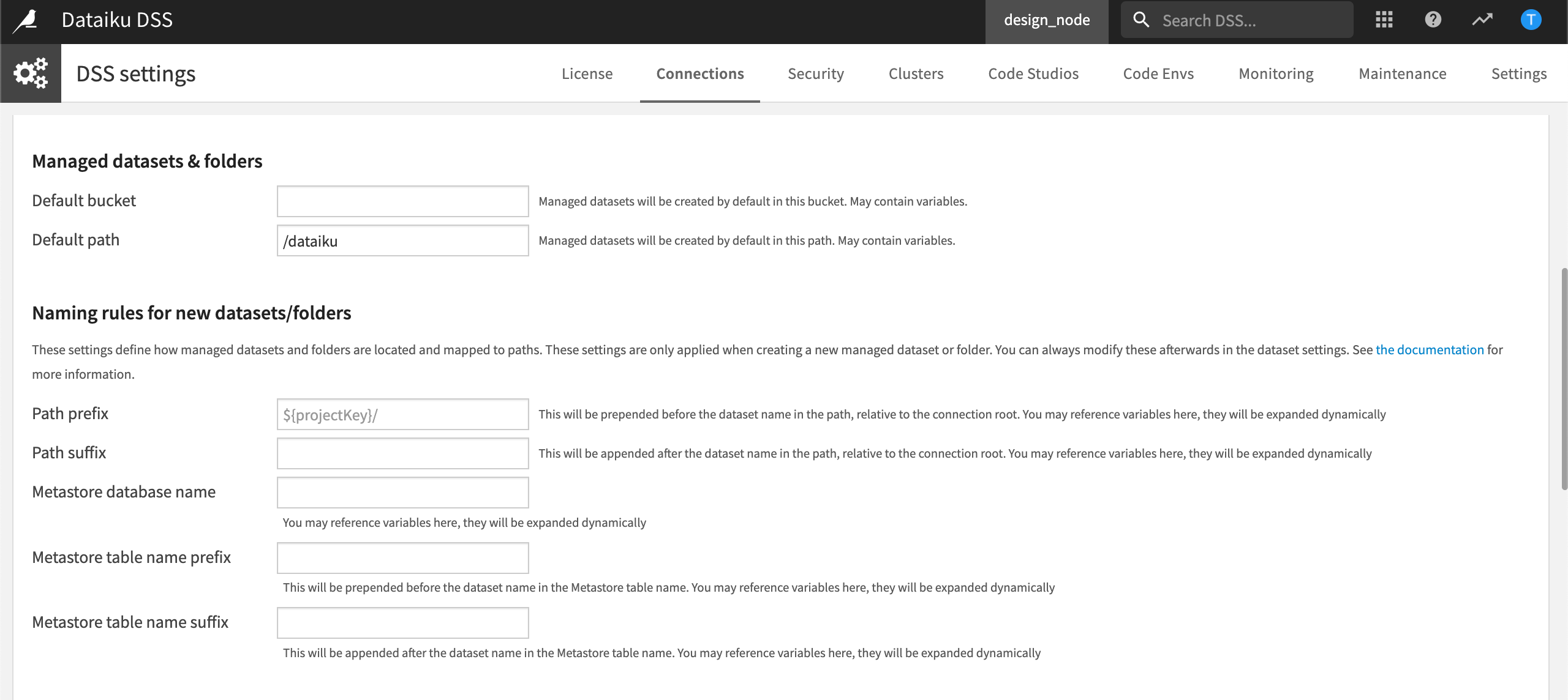 Managed datasets and folder section of the Connections tab within DSS settings.