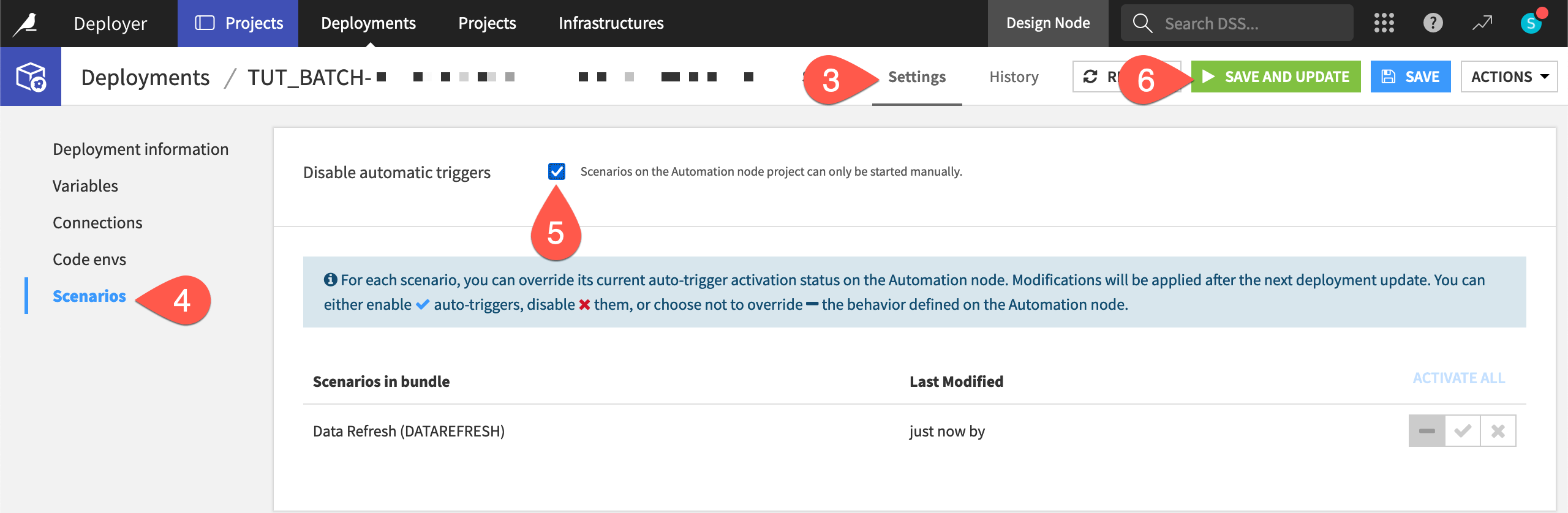 Dataiku screenshot of the scenarios panel of a project deployment.