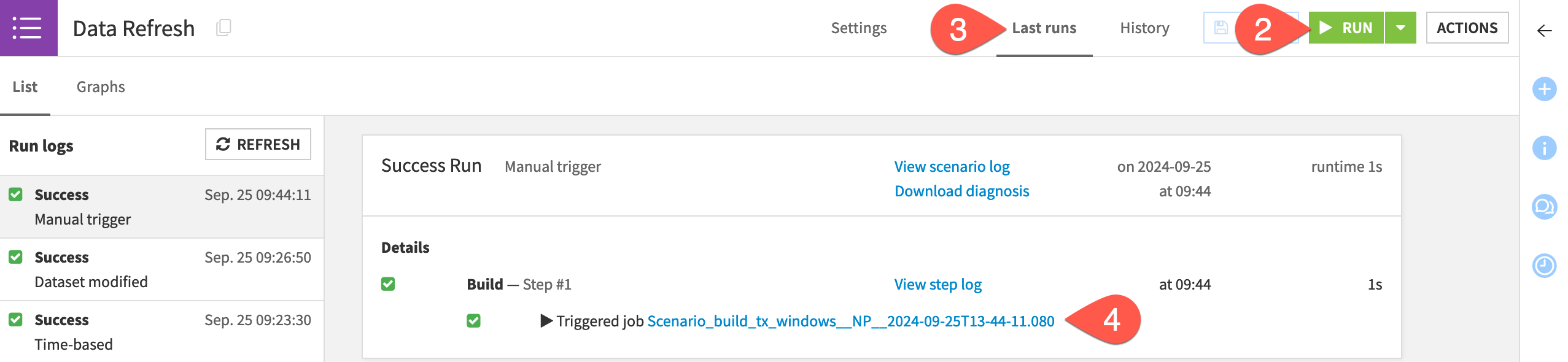 Dataiku screenshot of the last runs tab of a scenario.