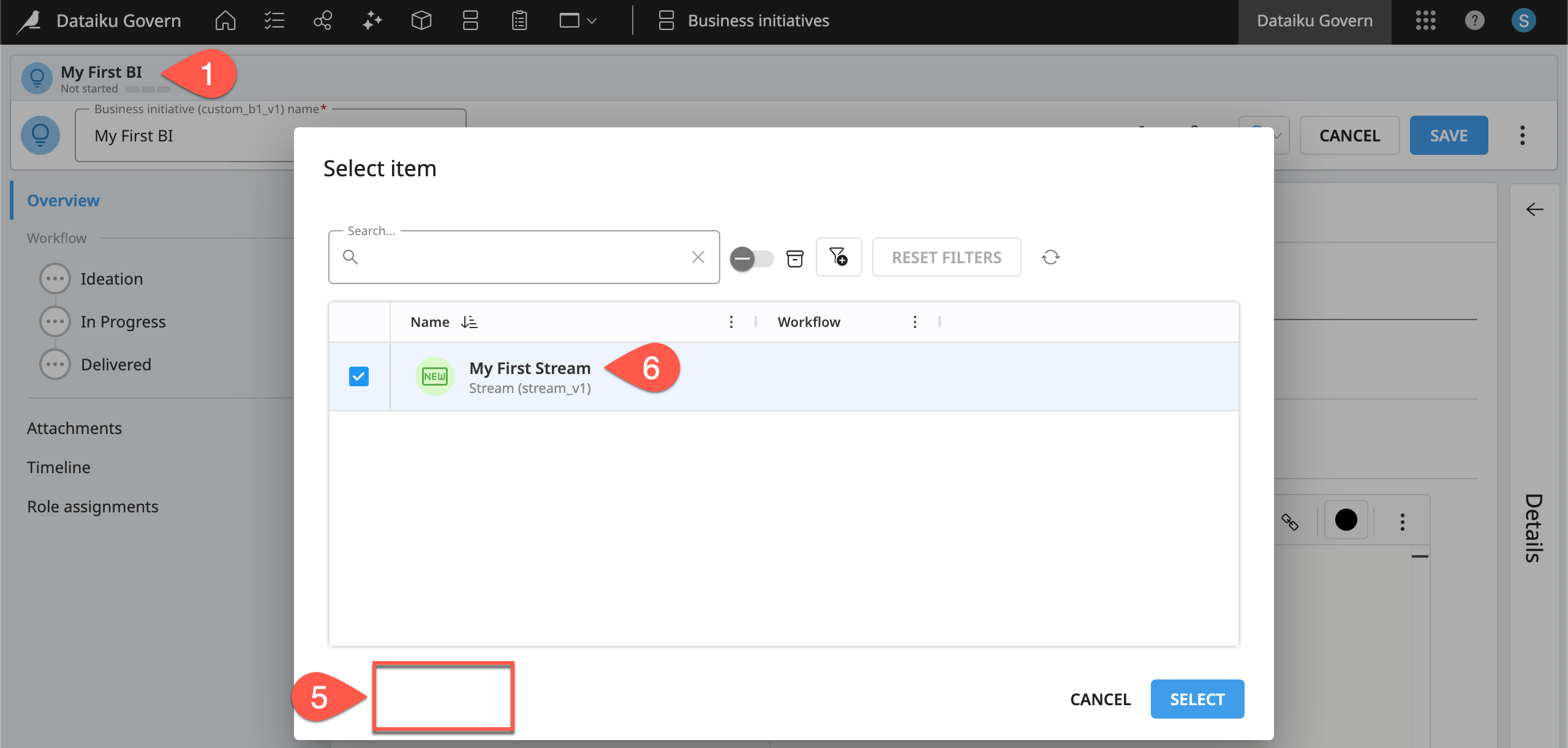 Dataiku screenshot of the dialog to select an existing parent initiative.