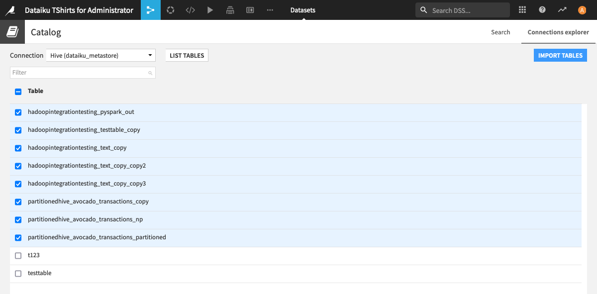 Selecting tables to import from hive catalog.