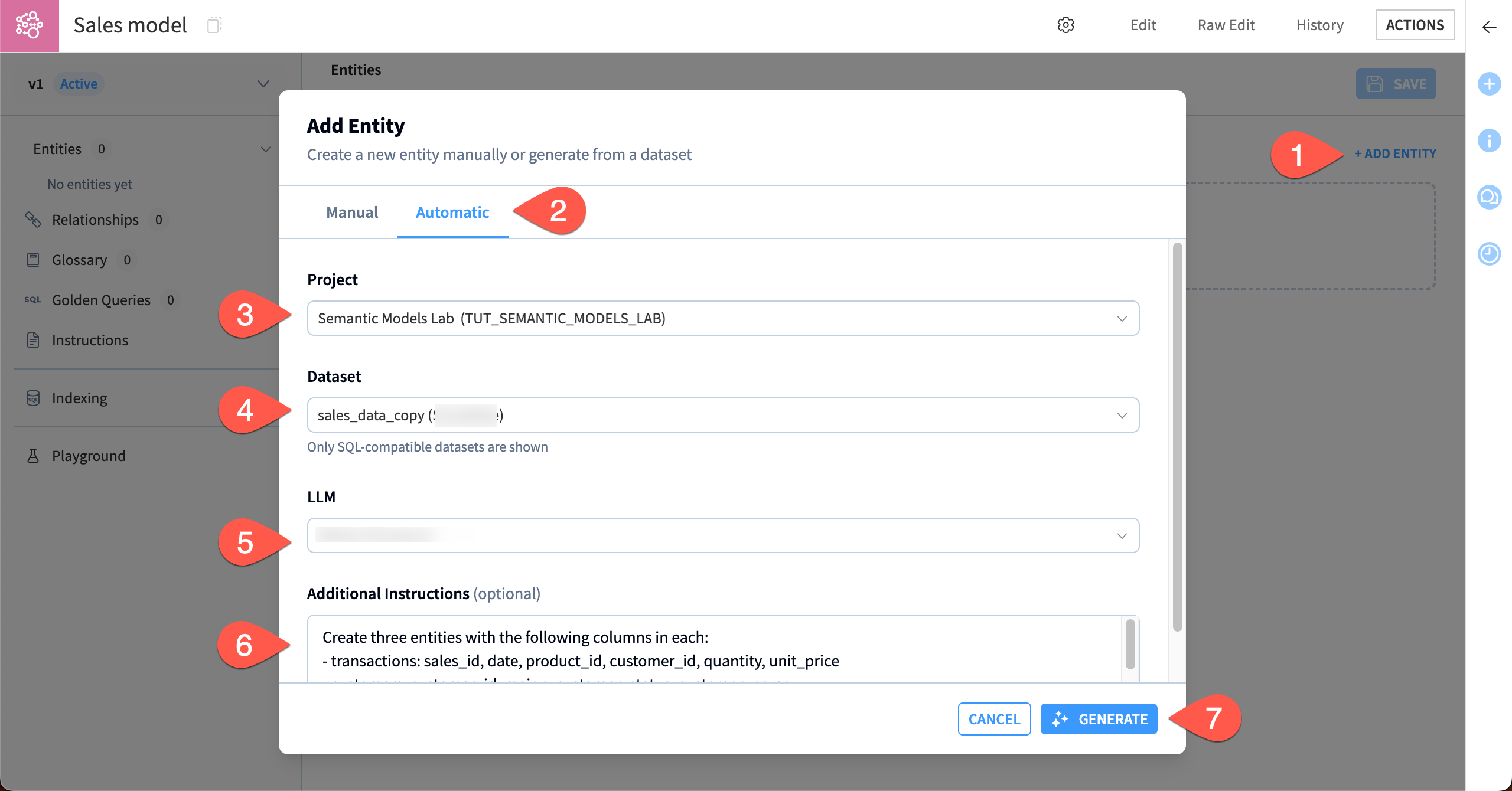 Screenshot showing the steps to create entities.