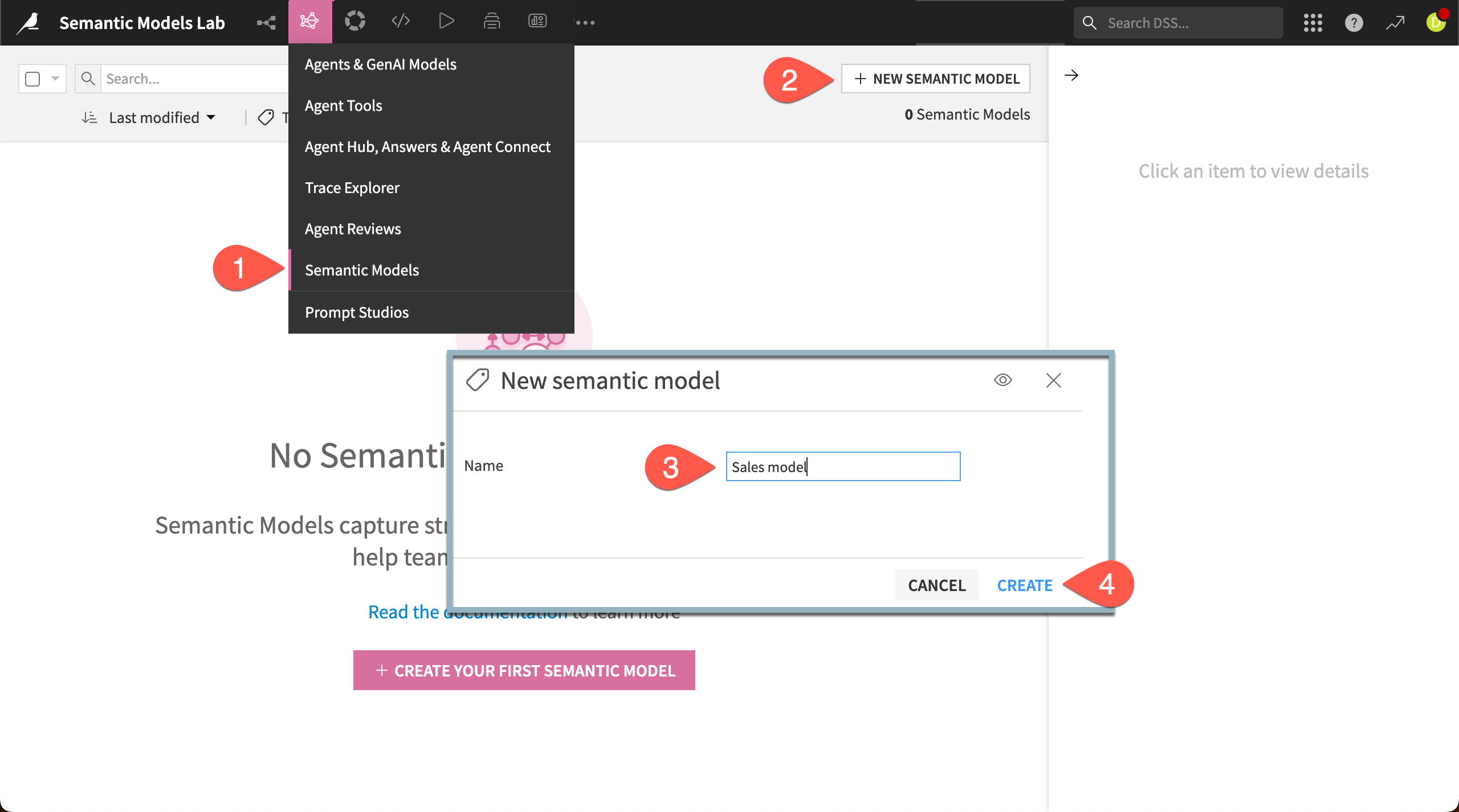 Screenshot showing steps to create a new semantic model.