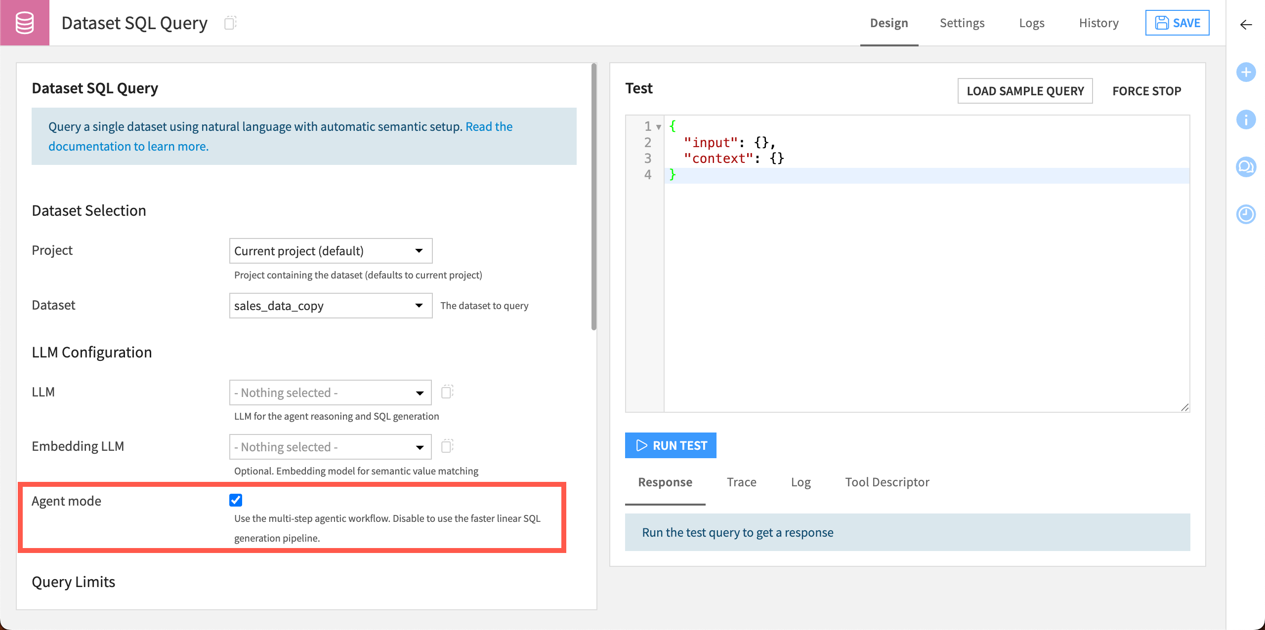 Screenshot of the Dataset SQL Query tool.