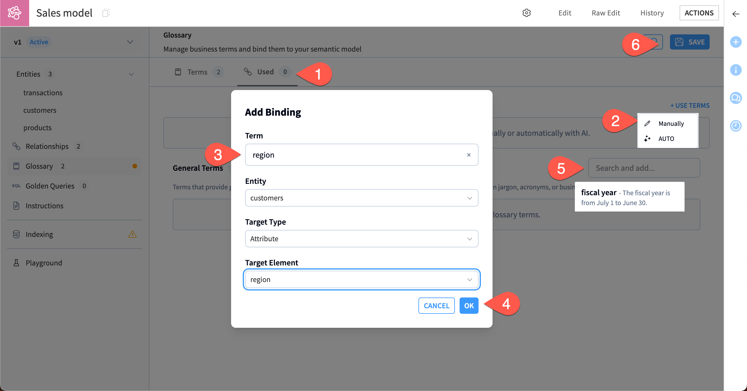 Screenshot showing steps to link glossary terms to the semantic model.