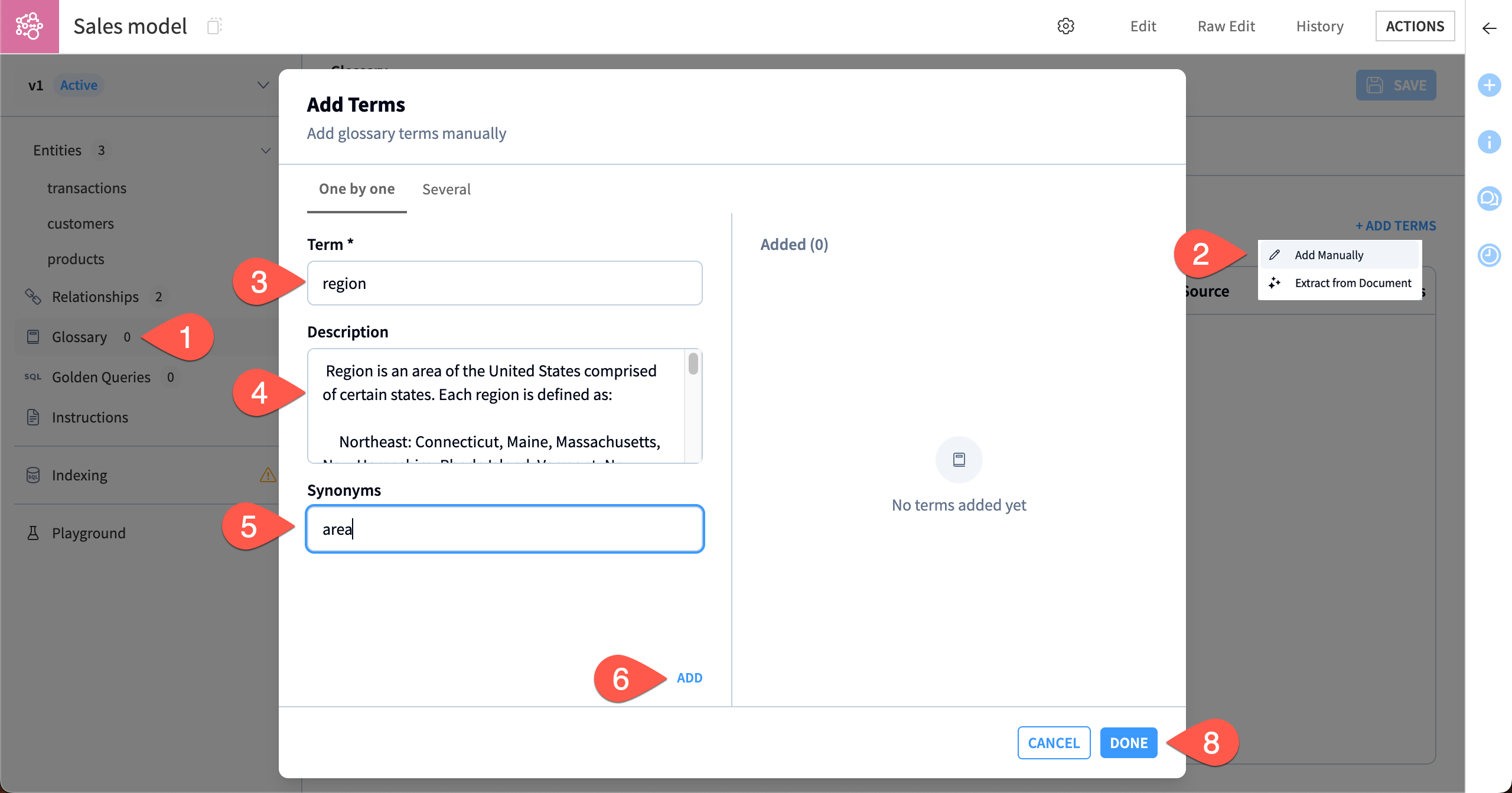 Screenshot showing steps to add terms to the glossary of a semantic model.