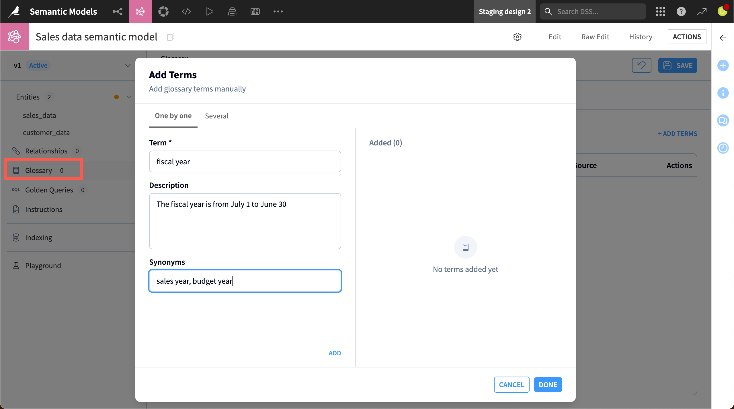 Screenshot of the glossary.