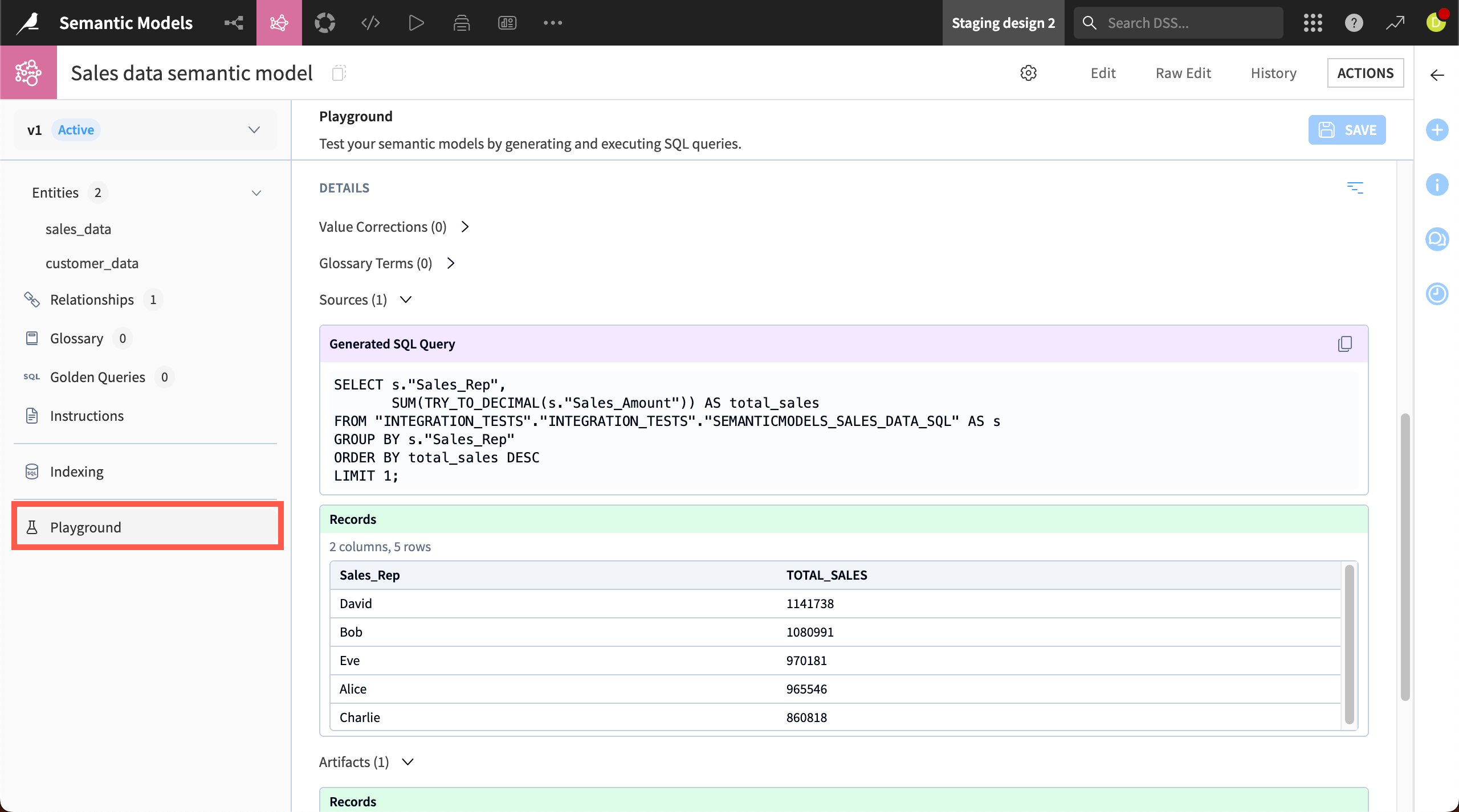 Screenshot of the playground in a semantic model.