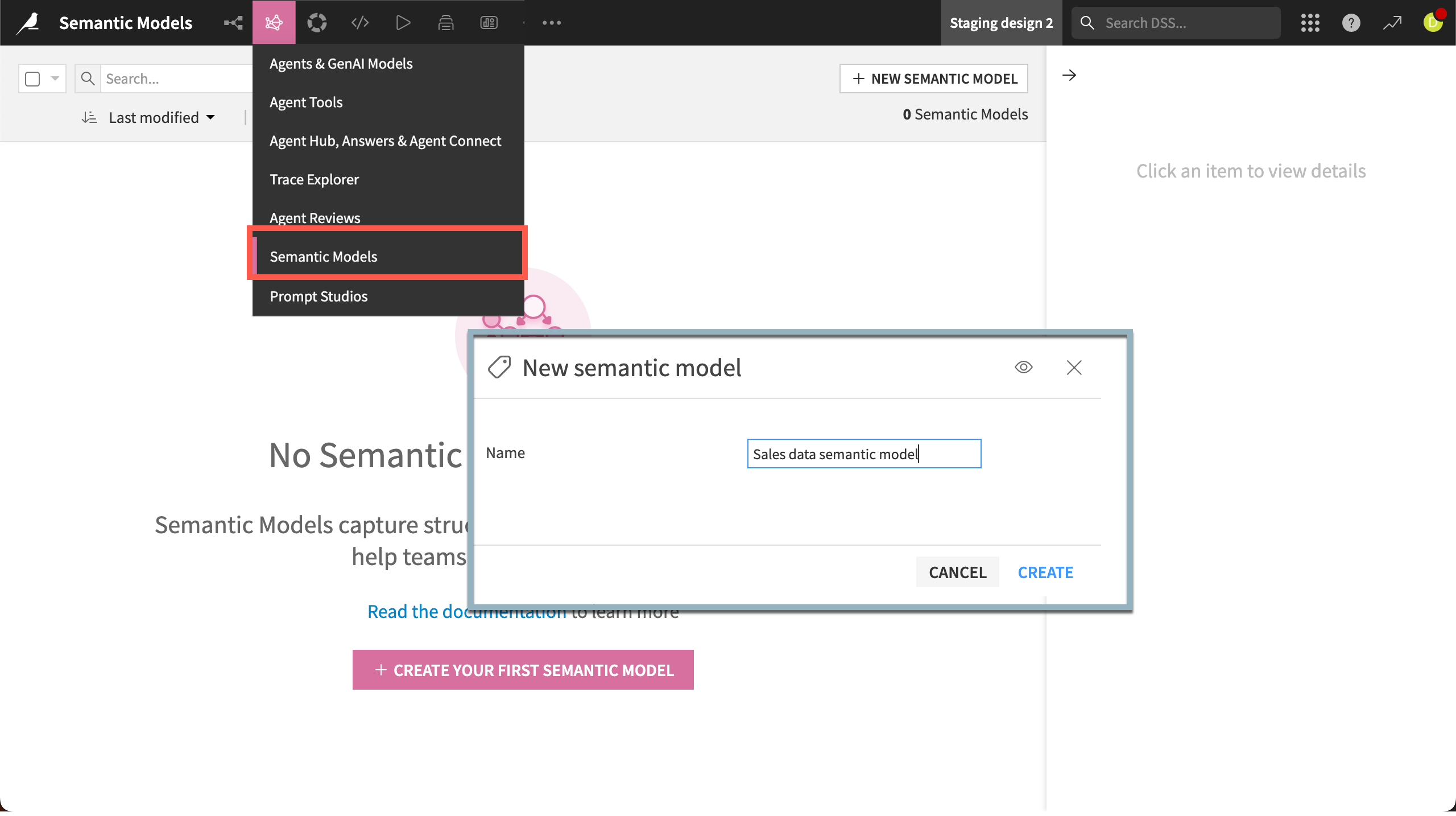 Screenshot of creating a new semantic model.