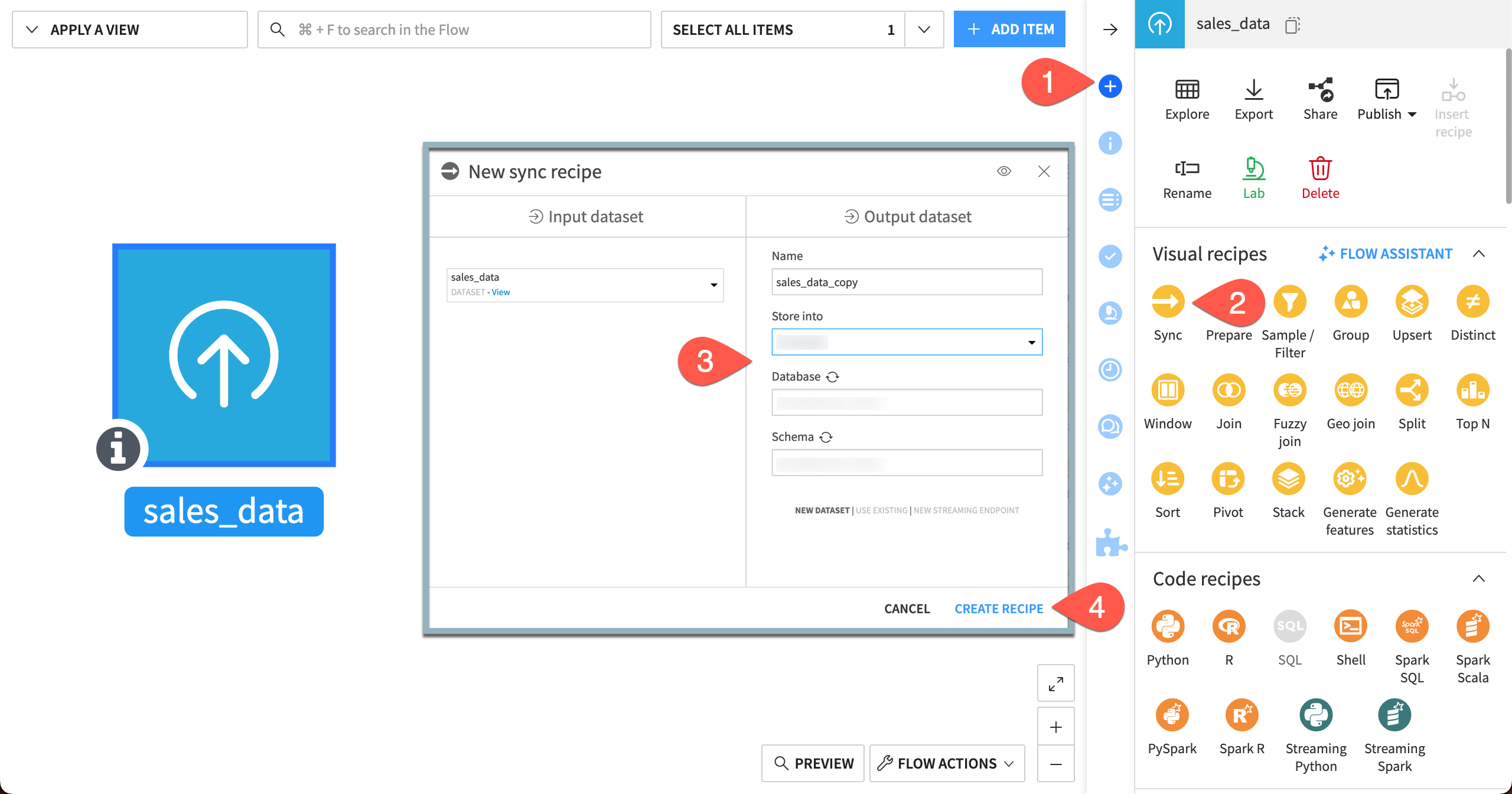 Screenshot showing how to sync a dataset to a SQL connection.