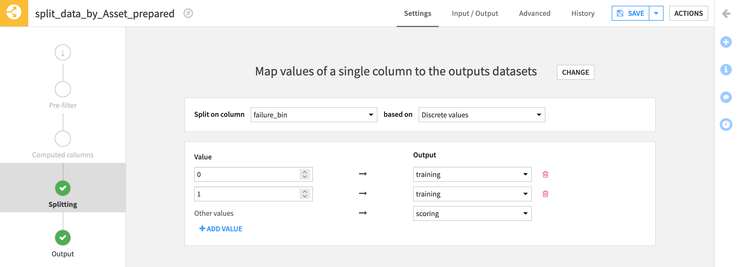 Dataiku screenshot of the Splitting step of a Split recipe.