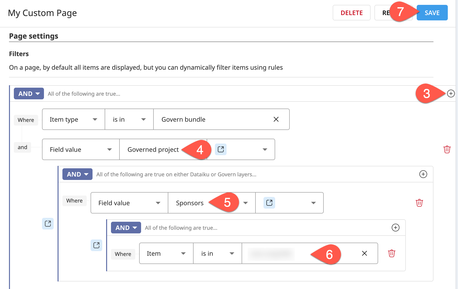 Dataiku screenshot of a custom page filter with a reference field.