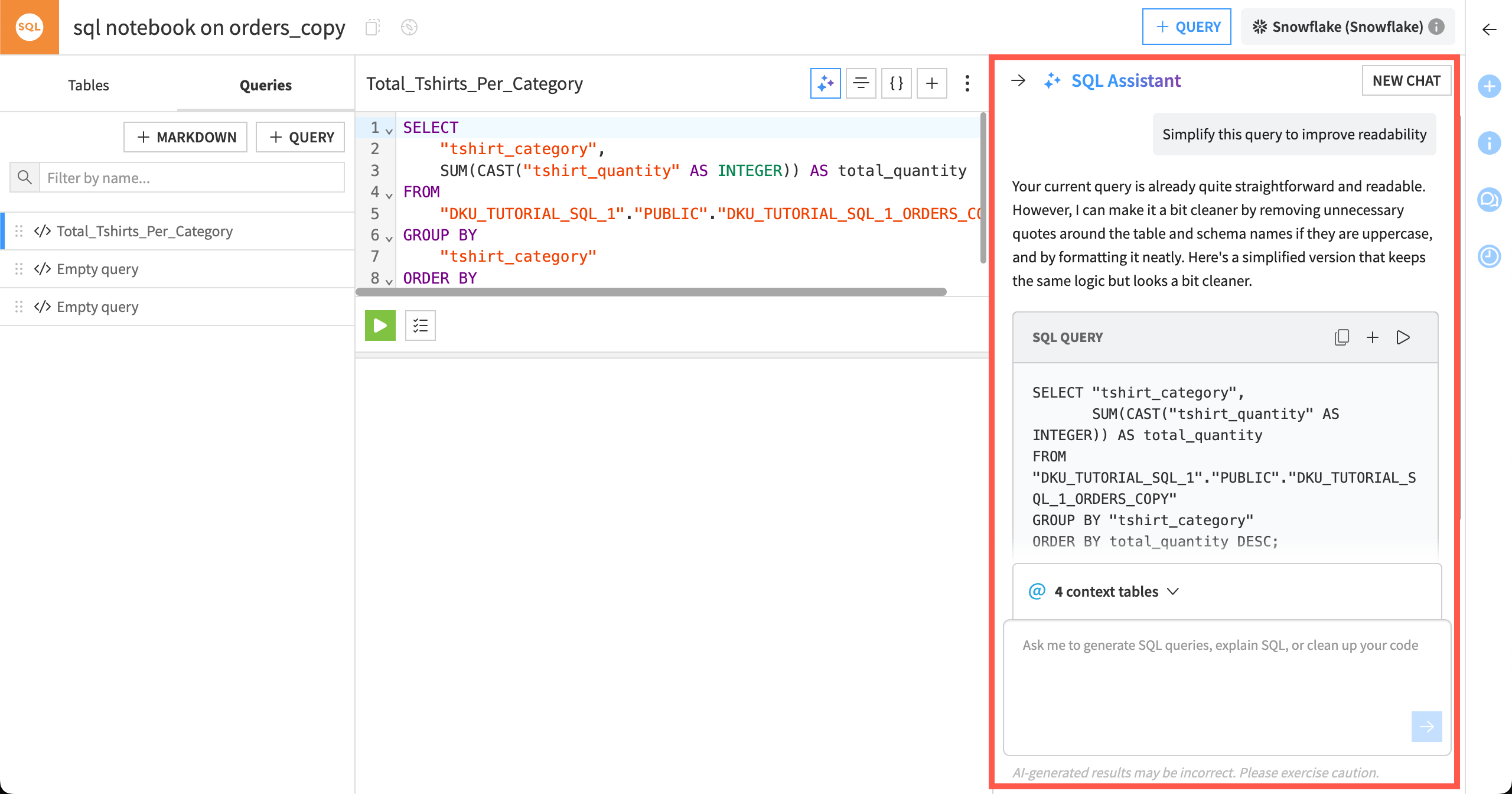 An example of the AI SQL Assistant in an SQL notebook.