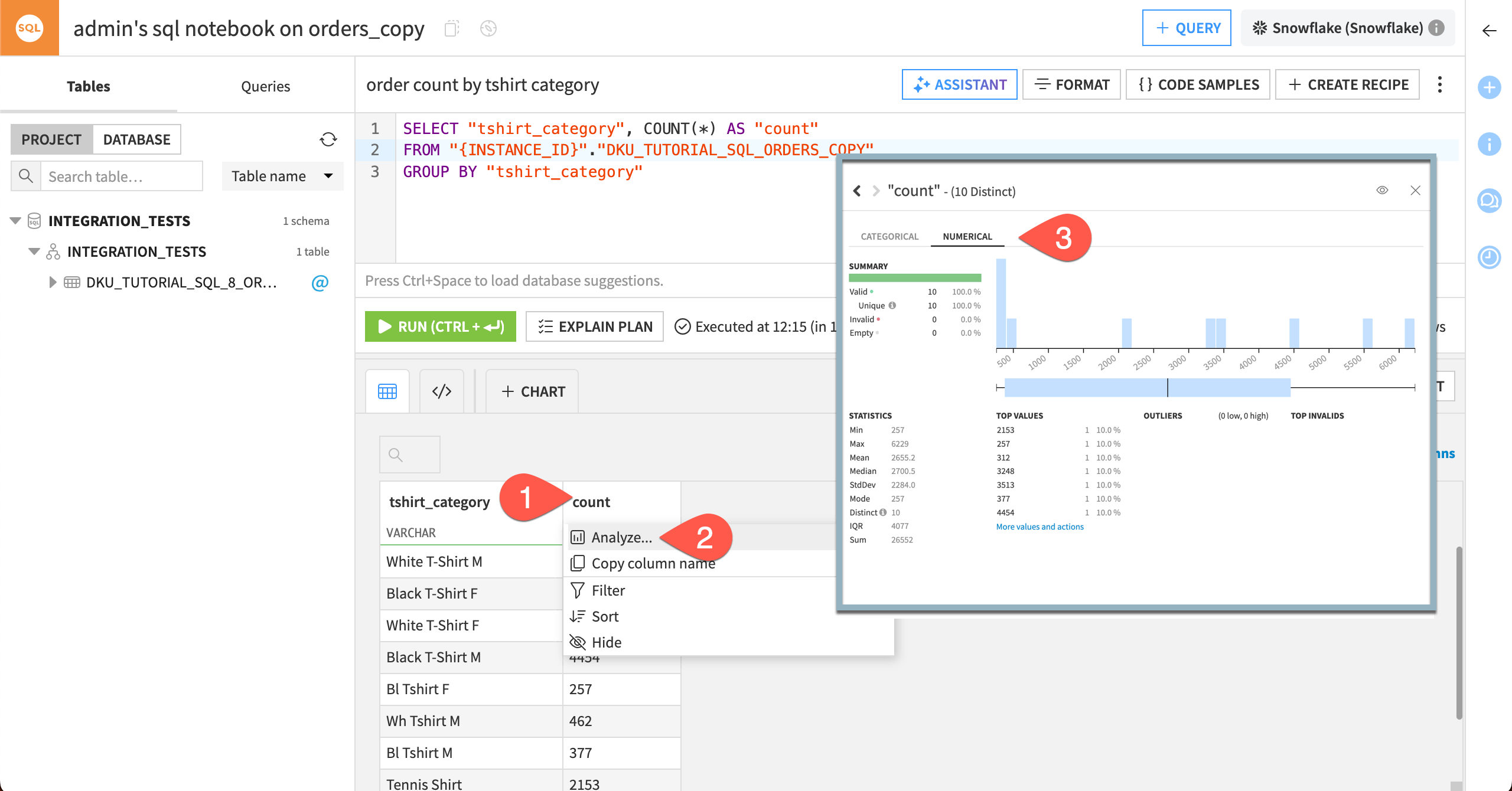 Dataiku screenshot of analyzing the count column.