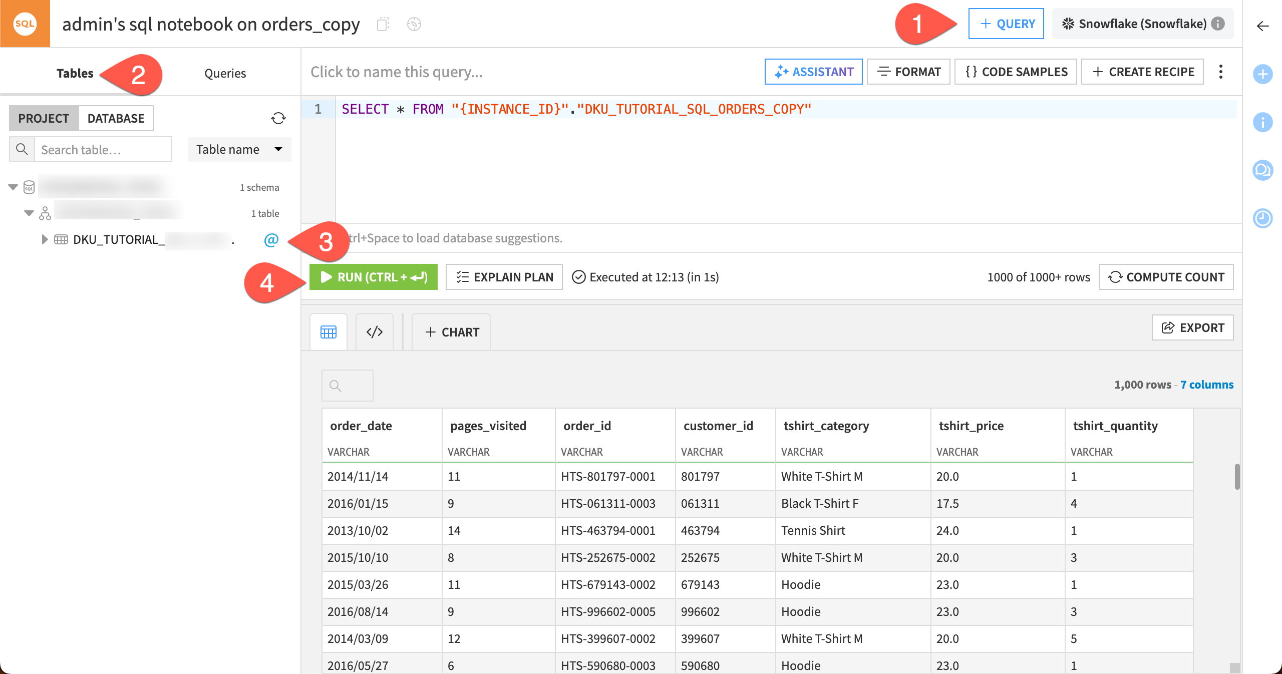 Dataiku screenshot of an SQL query in an SQL notebook.