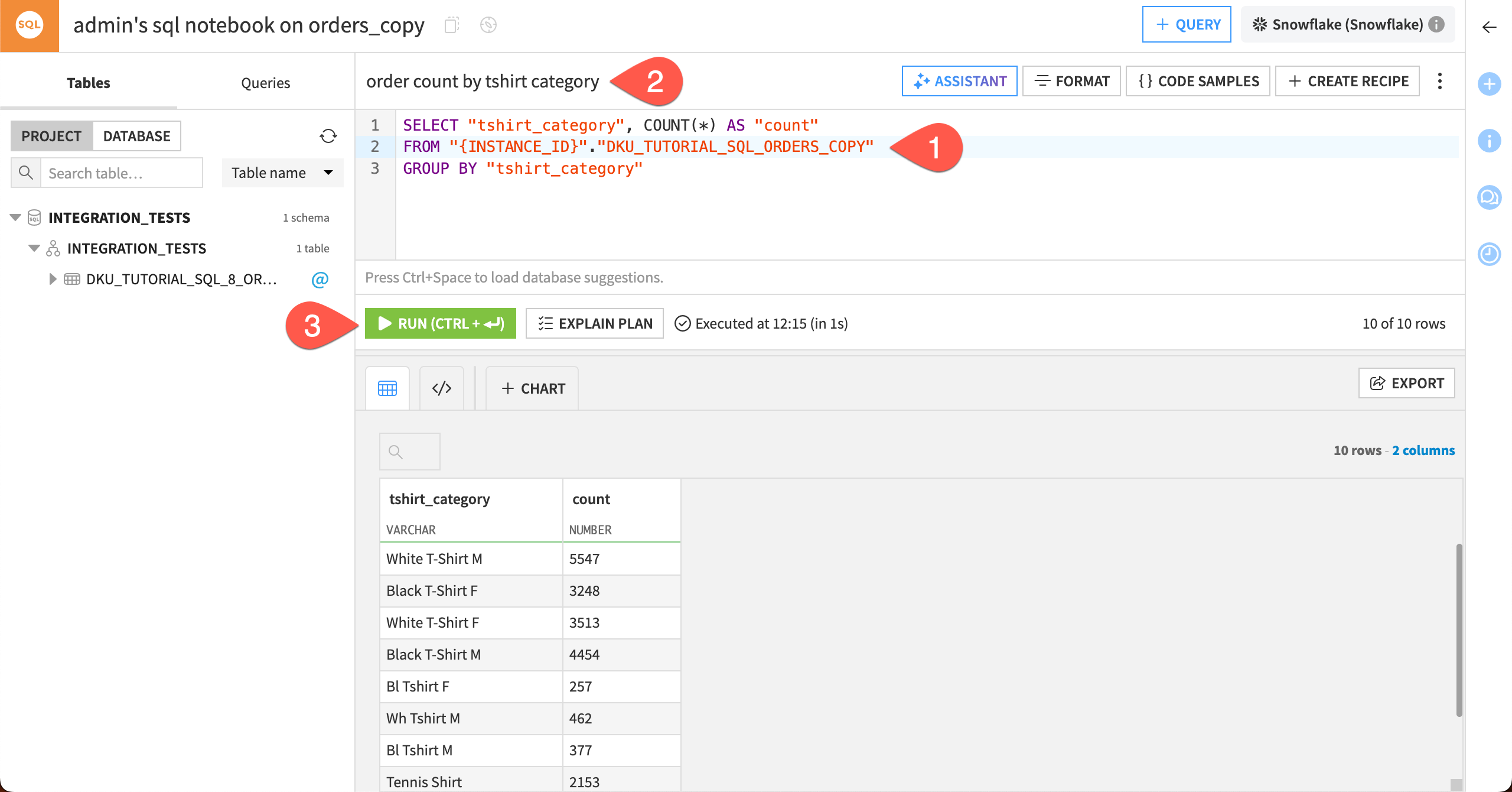 Dataiku screenshot of an SQL query in an SQL notebook.