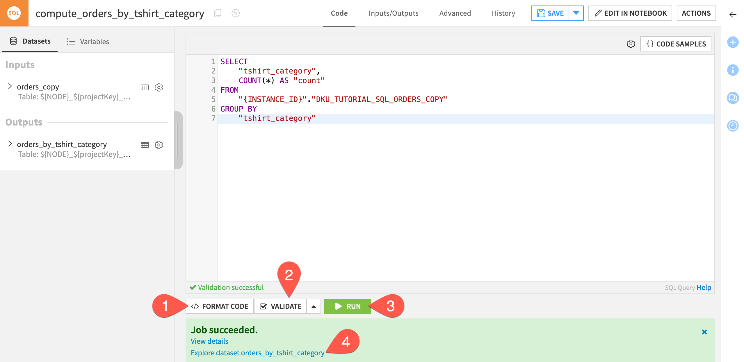 Dataiku screenshot of an SQL query recipe.