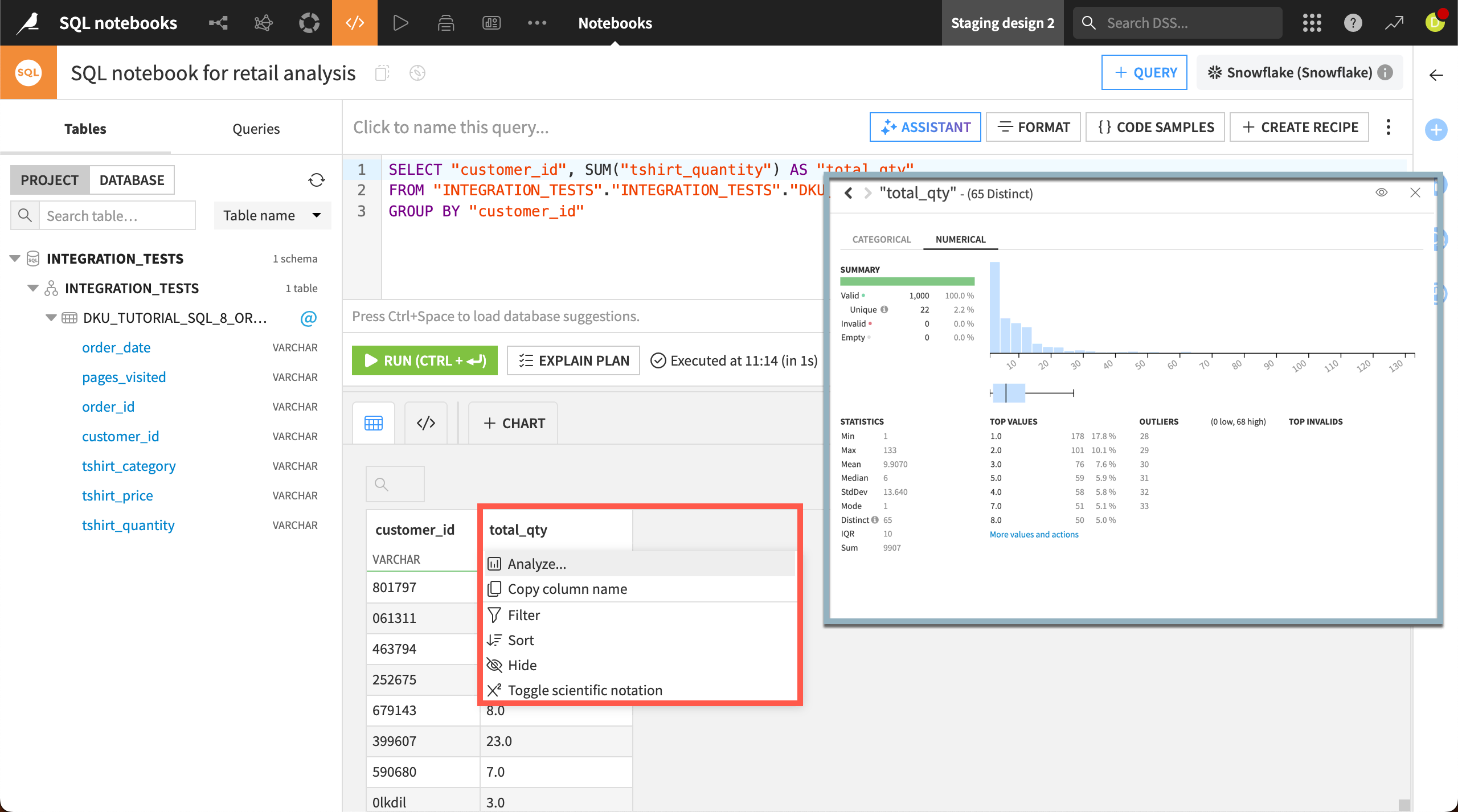 Analysis on a column in the results table of a SQL notebook.