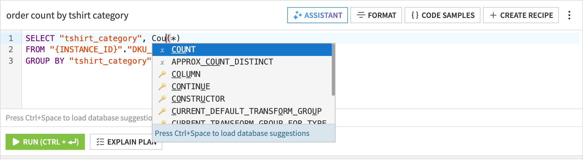 Screenshot of the SQL notebook autocomplete feature.