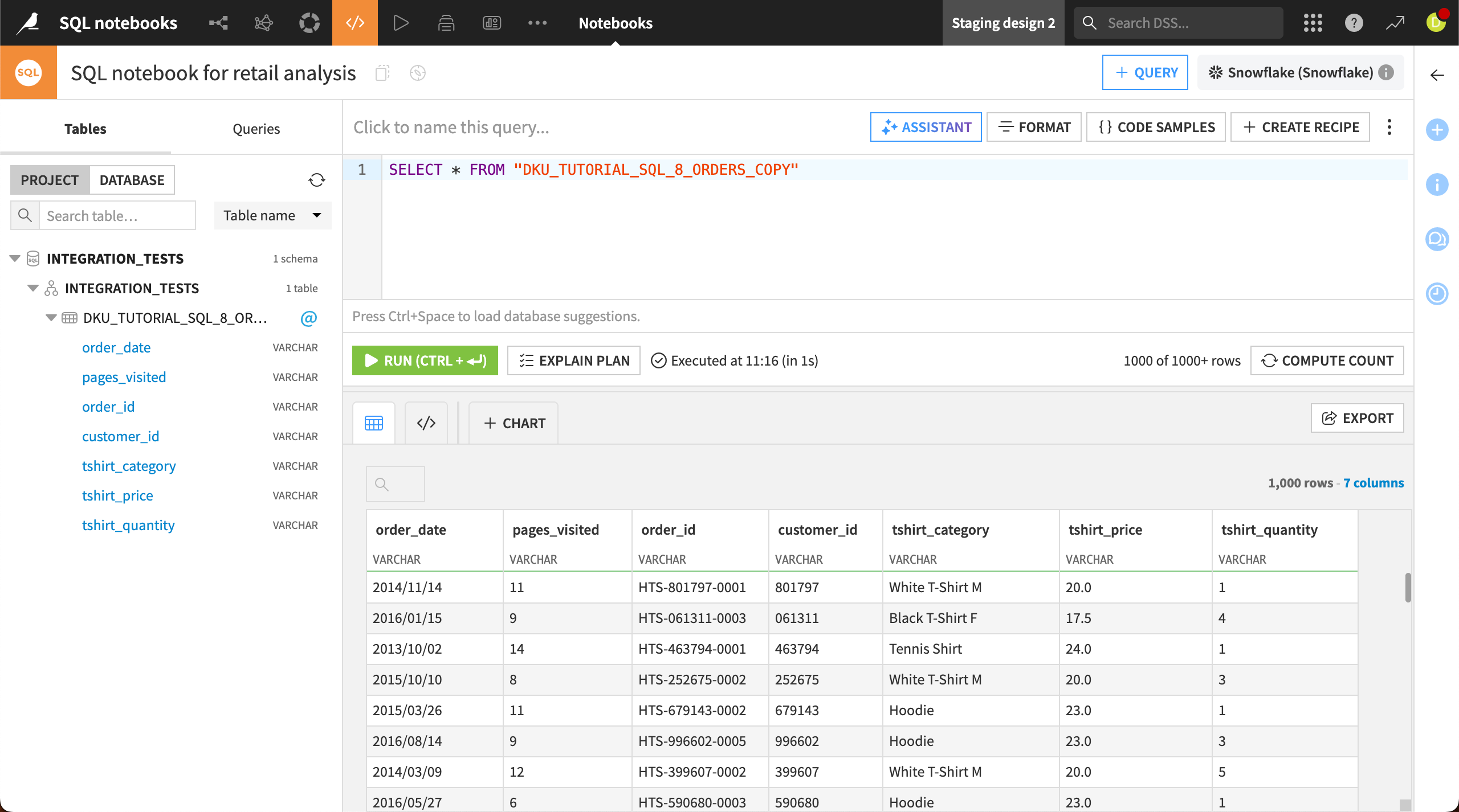 Dataiku screenshot of an SQL notebook.